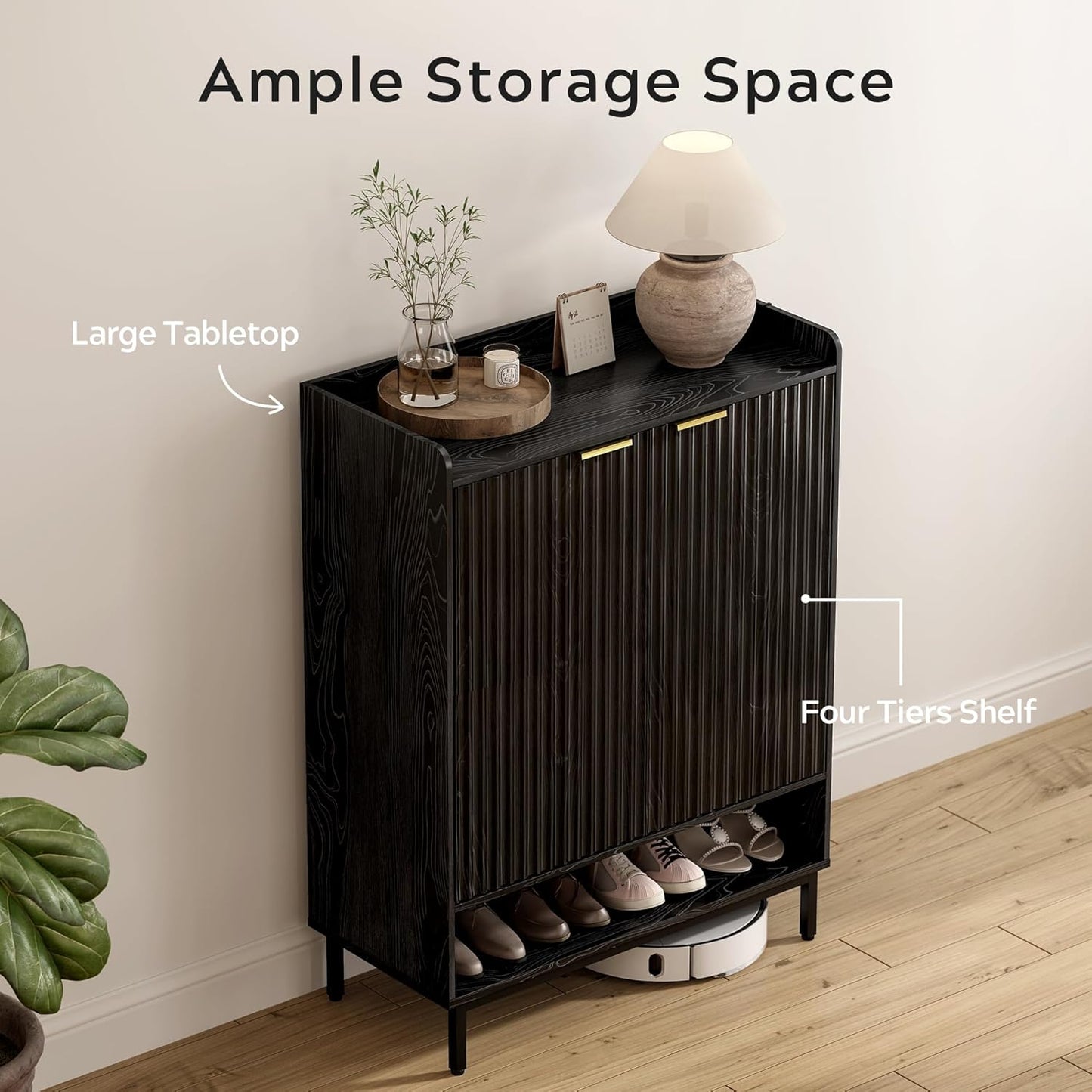 Fluted Shoe Cabinet with Doors, Large Wooden Shoe Storage Cabinet with Hanging Rod, Modern Tall Freestanding Shoe Rack Organizer for Entryway, Hallway Black