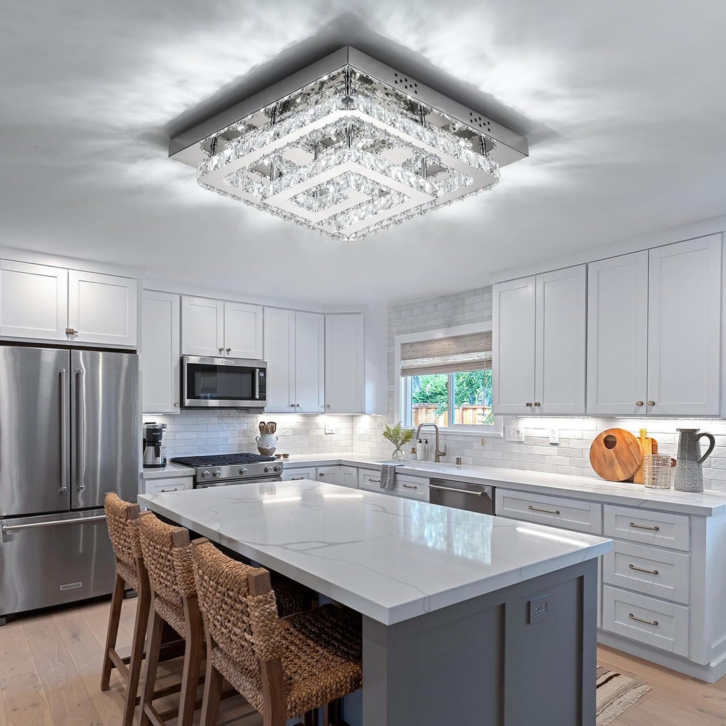 25" Modern Crystal Chandelier with Remote/App Control, Dimmable Flush Mount Ceiling Light Fixture, 3-Color Temperature, Led Ceiling Lamp for Living Room Bedroom Kitchen Dining Room Entryway