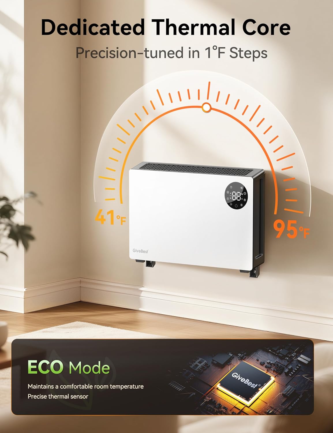 GiveBest Super Quiet Wall Heaters for Indoor Use, Baseboard Design Space Heater, Adjustable Thermostat, Child Lock, 12H Timer, 1500W Easy-mounted Electric Smart Heater for Bedroom Living Room Garage