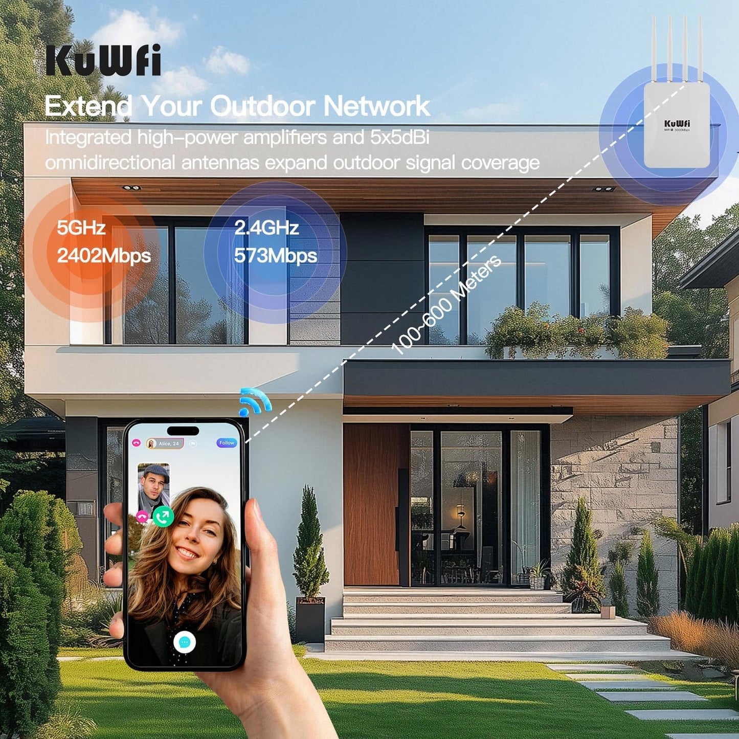 KuWFi AX3000 WiFi 6 Outdoor Access Point Repeater, Long Range Extender 100-300Meter Dual Band Gigabit, IP65 Waterproof, PoE Powered, Supports 256+ Devices for Business, Parties, Starlink