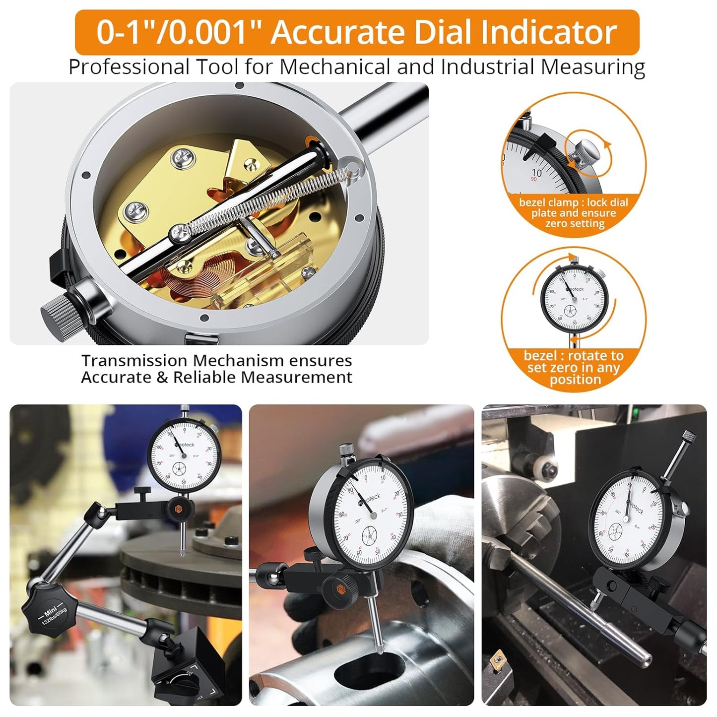 Neoteck Dial Indicator 0-1in/0.001in with 132lbs/60kg Magnetic Base,Imperial Dial Test Indicator Gauge Set with Storage Case for Lathe,3D Printer,CNC,Automobile,Laboratory