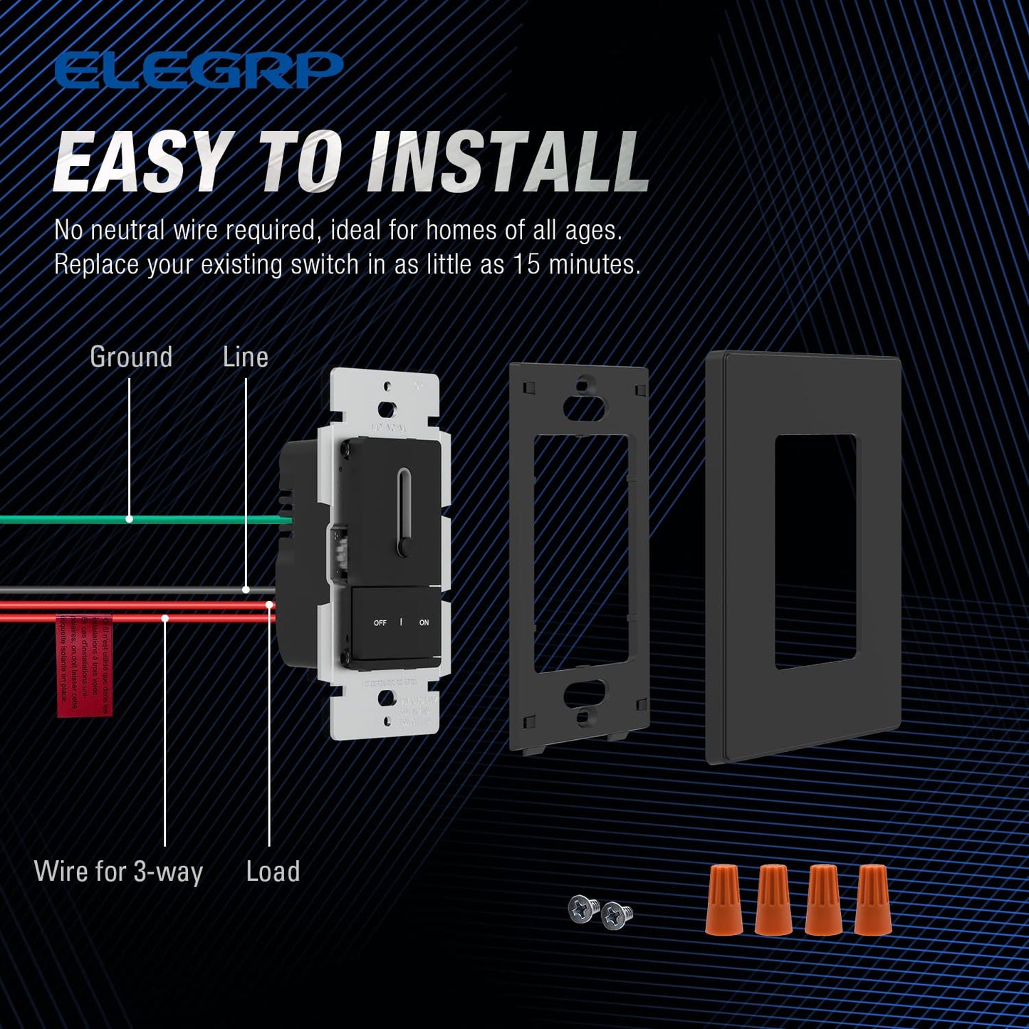 ELEGRP Slide Dimmer Switch for Dimmable LED, CFL and Incandescent Light Lamp Bulbs, Single Pole or 3-Way, Full Control with Preset, Rocker Paddle, Wall Plate Included, UL Listed (1 Pack, Matte Black)
