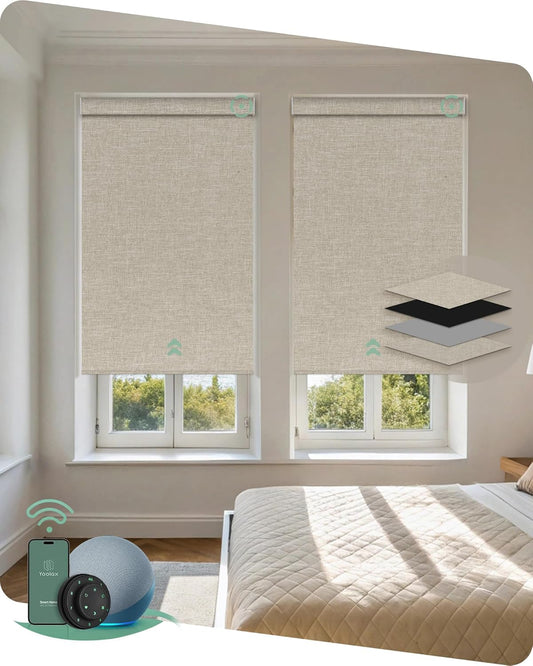 Yoolax Motorized Blinds with Remote, Blackout Smart Blinds Motorized Fabric Roller Shades Compatible with Alexa, Automatic Shades for Windows Custom Size (Beige)