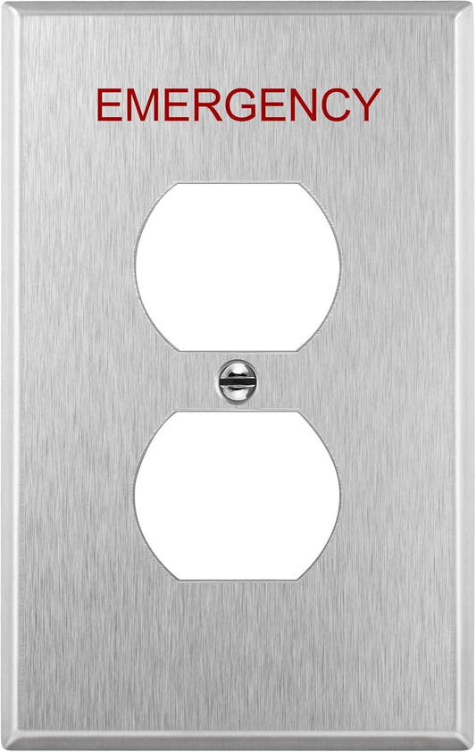 ENERLITES Duplex Receptacle Metal Wall Plate with Emergency Label, Stainless Steel Outlet Cover, Corrosion Resistant, Mid-Size 1-Gang 4.88" x 3.11", 430 Stainless Steel, 7721M-E, Silver