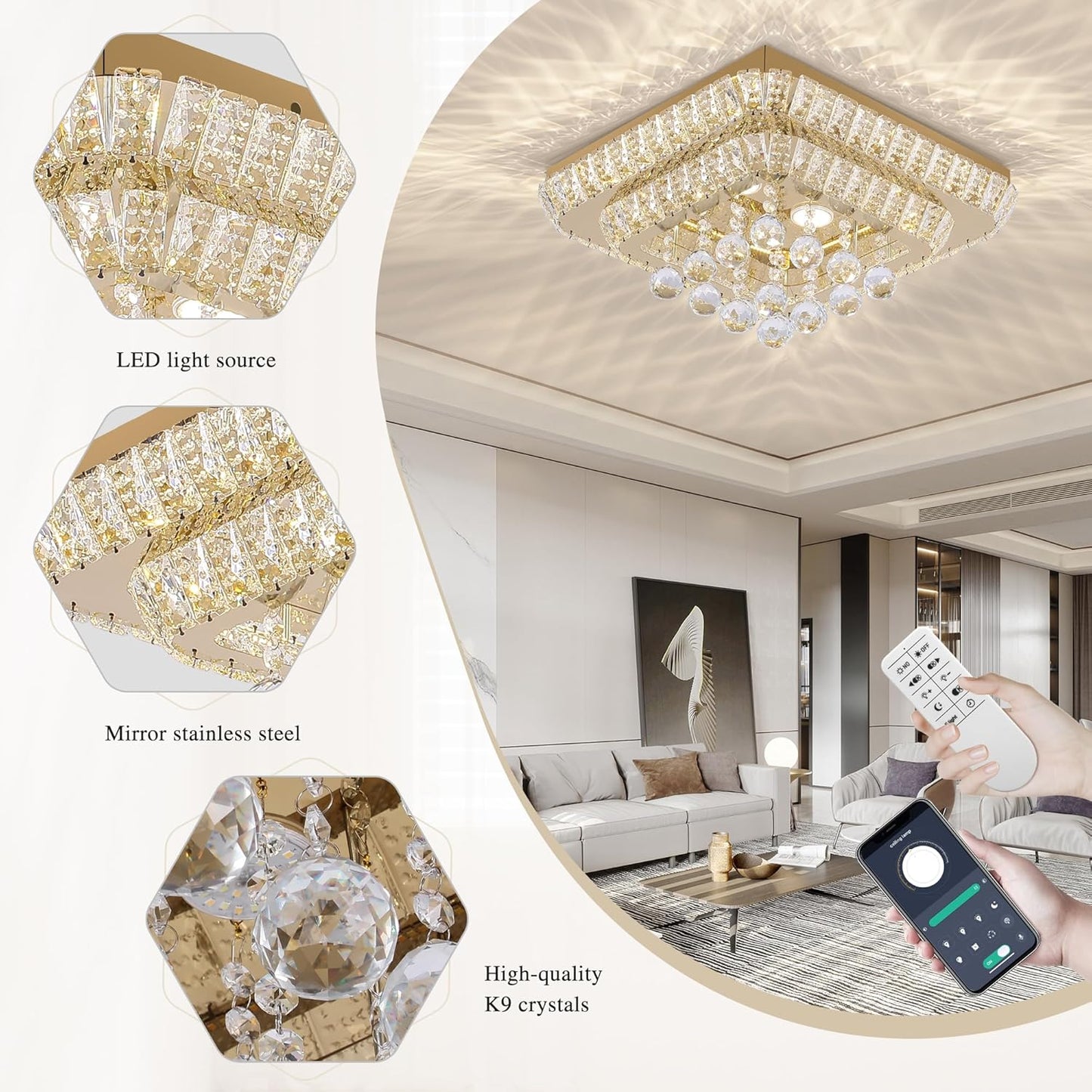 18 inch Crystal Flush Mount Gold Chandelier Remote/APP, Modern Raindrop LED Ceiling Light, 3CCT Dimmable & Brightness Adjustable,Elegant Chandeliers for Bedroom Hallway Dinning Room Living Room