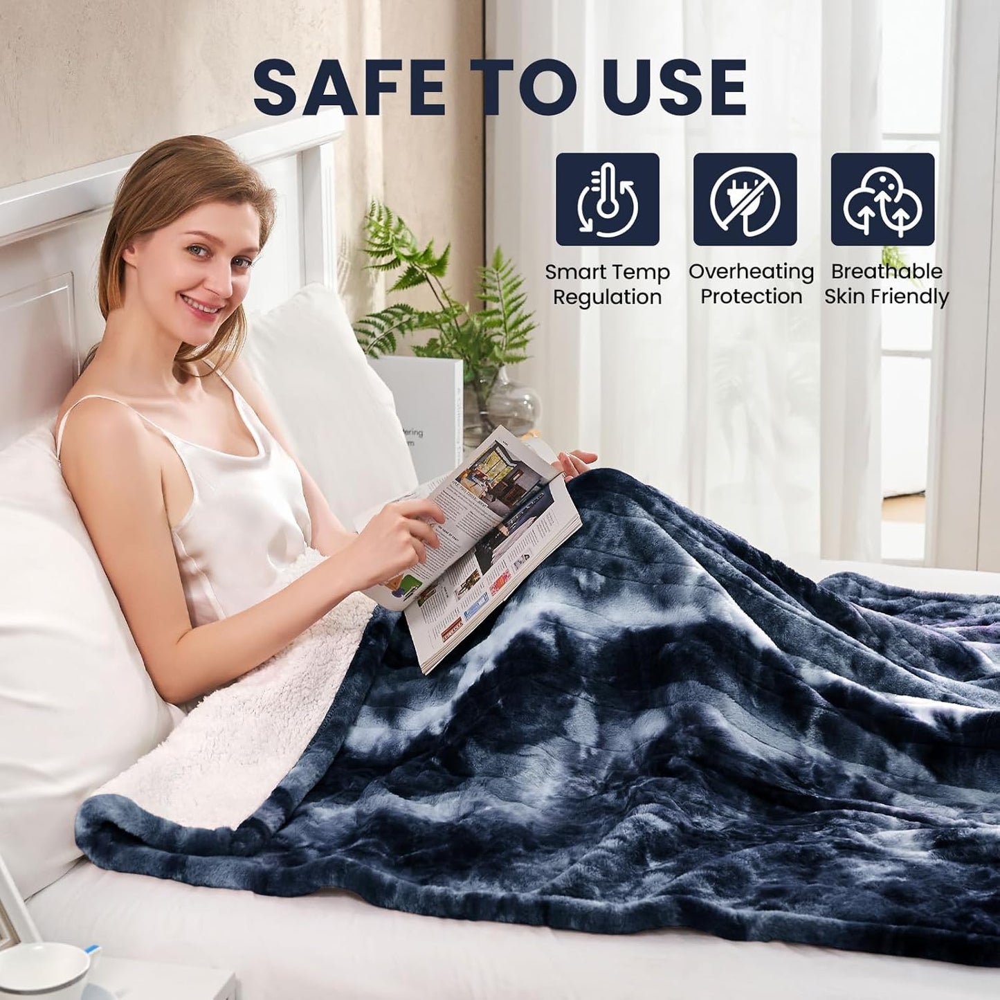 Electric Heated Throw Blanket 62"x84",Luxury Blue Twin Faux Rabbit Fur Electric Blanket,Fast Heating Soft Fluffy Thick Electric Blanket with 6 Heating Levels & 12H Auto Off