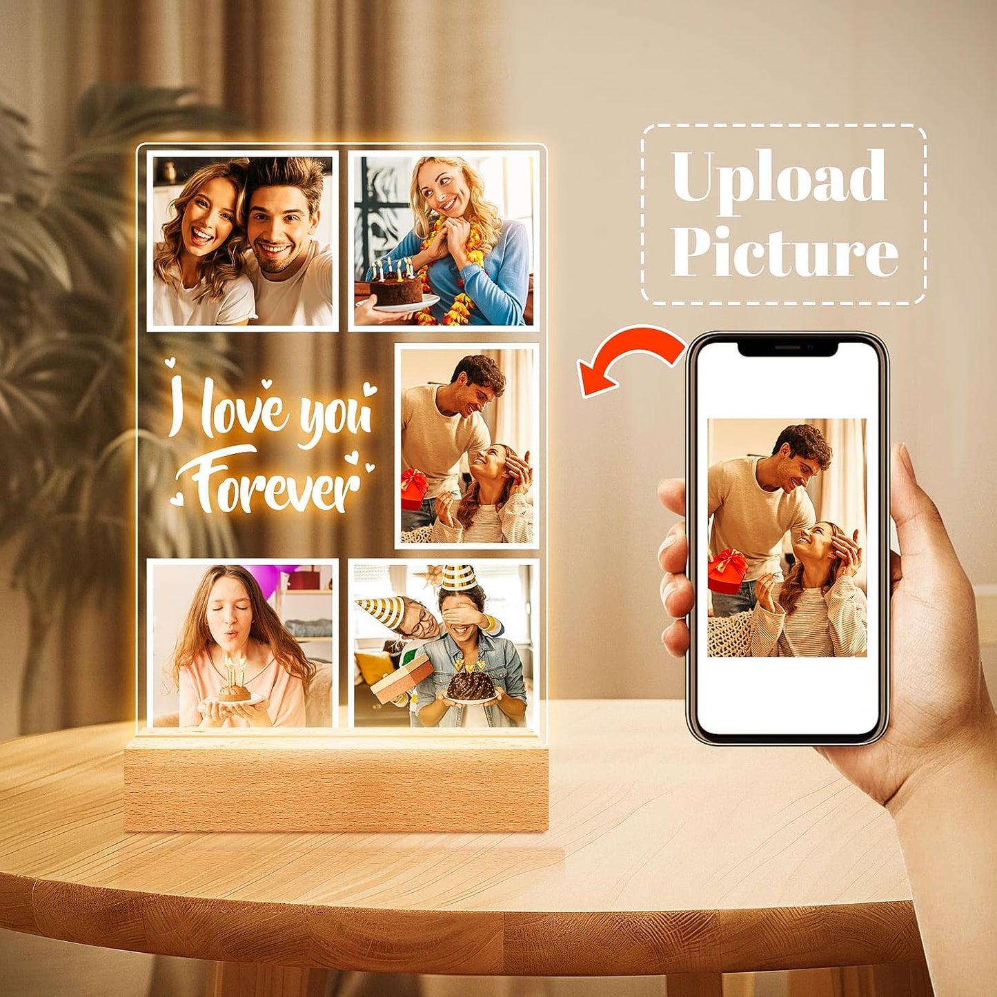 Custom Picture Frames, Customized Photo Frame with Night Light, Personalized Picture Frame, Personalized Anniversary Valentines Day Gifts for Women Men Her Him Girlfriend Boyfriend Couple Wife