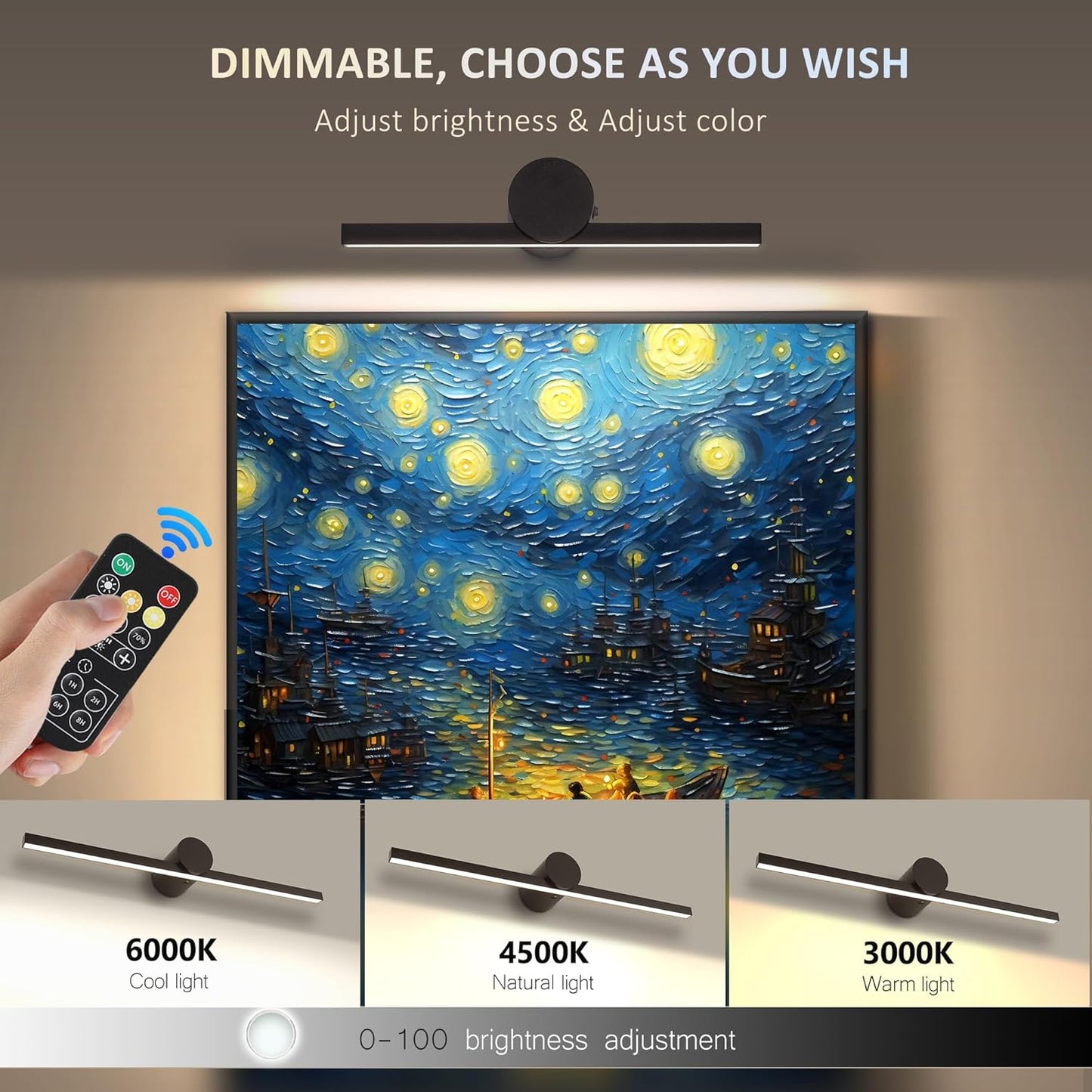 ZitoStory Battery Operated Picture Light with Remote,Wireless Dimmable Art Lights for Paintings Rechargeable Gallery Light Artwork Lighting for Canvas, Portrait (Black,11.41'' Inch)
