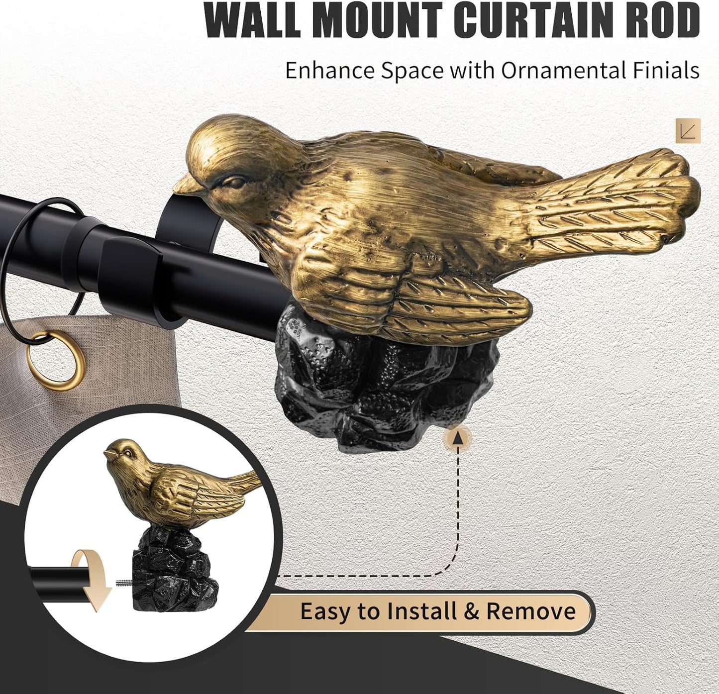 Vintage Gold Curtain Rod 36 to 168 Inches Curtain Rods for Windows Adjustable Drapery Rod with Bird Finials Heavy Duty Curtains Rods for Living Room