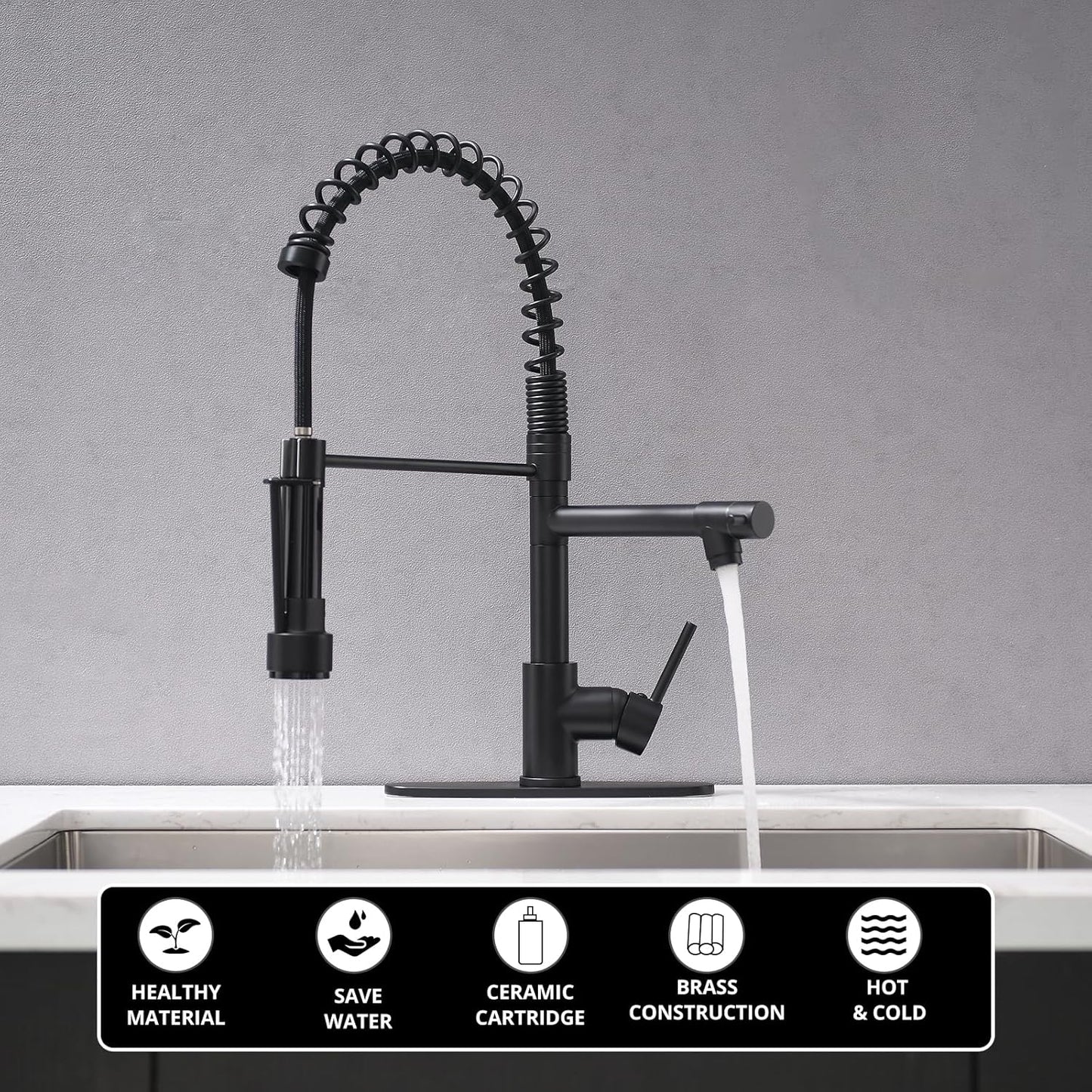 AIMADI Black Kitchen Faucet with Pull Down Sprayer, Commercial Single Handle High Pressure Kitchen Faucet Black with Deck Plate