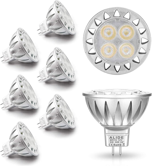 ALIDE MR16 GU5.3 Led Bulbs 5W 4000K Neutral/Natural White,20W-35W Halogen Equivalent,12V MR16 Low Voltage Bulbs for Outdoor Landscape Flood Ceil Track Lighting,Not Dimmable,450lm,38 Deg,6 Pack