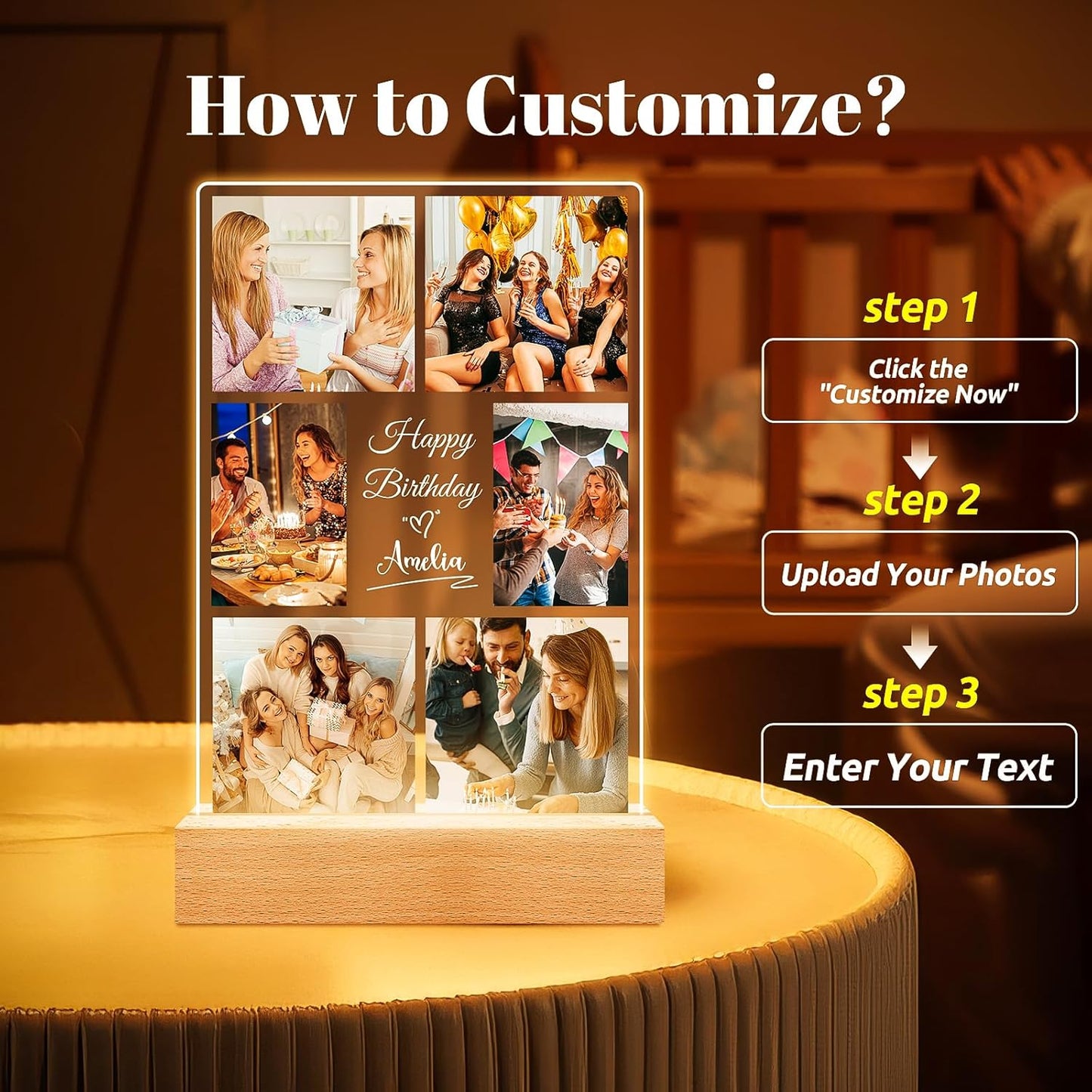 Custom Picture Frames with Photo, Personalized Picture Frame with Night Light, Custom Photo Frame, Customized Best Friend Photo Gifts, Personalized Birthday Gifts for Women Friends Her Him