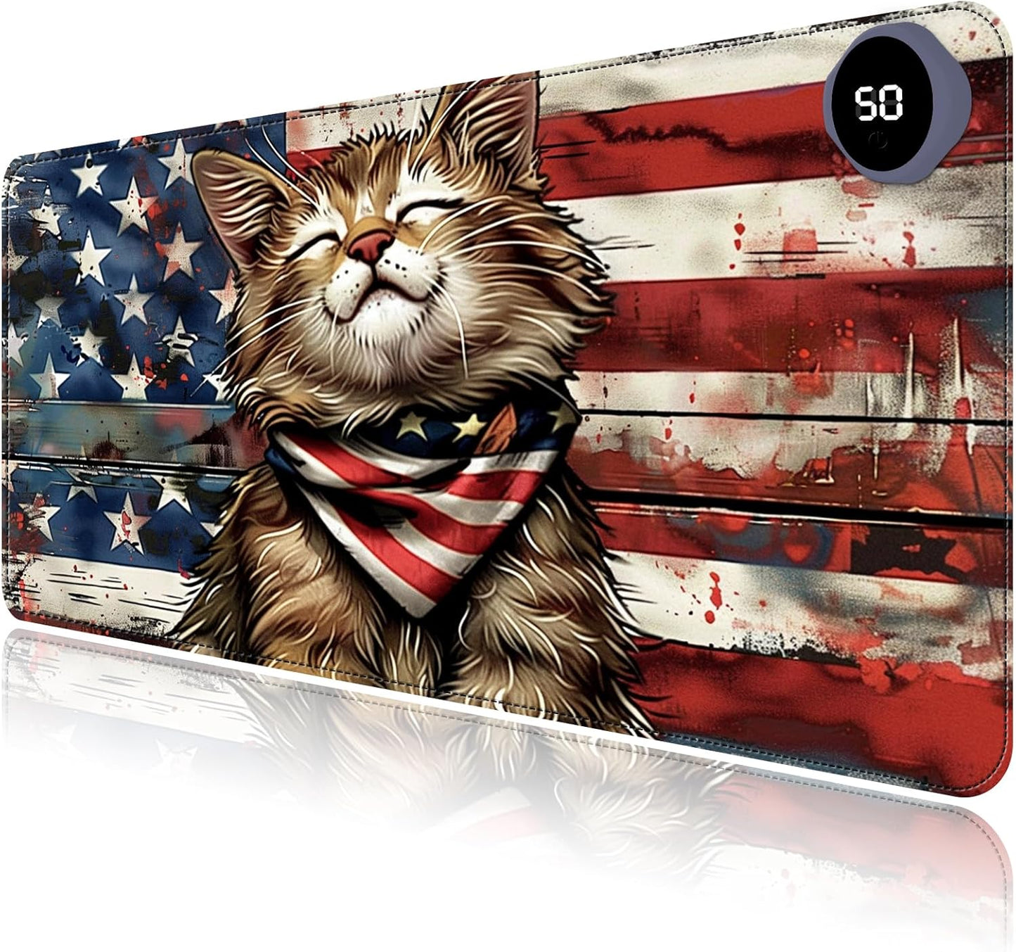 Heated Mouse Pad with 3 Levels Heated & 3 Hours Auto Shut-Off Mouse Pad for Warming Hands in Office Home, 23.6" x 14.2"Large Safe Desk Mat Hand Warmer，Flag Cute Cat