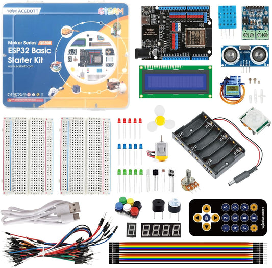 ACEBOTT Basic Starter Kit for ESP32, Total 96 Items, Electronics Starter Kit Compatible with Arduino & Scratch, Electronics Components Kit with Detailed Tutorial, Upgradeable Wooden Structures