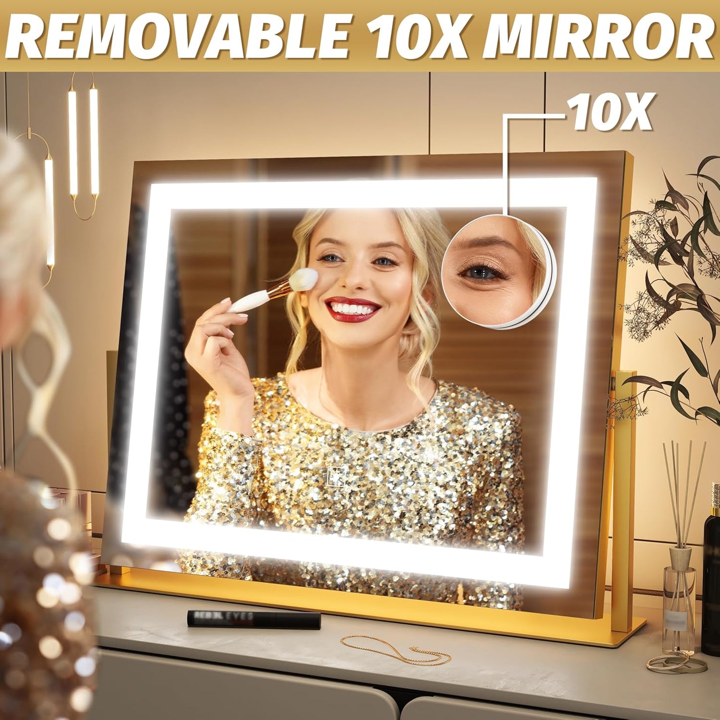 FENNIO Vanity Mirror with Lights 22''x18'' Makeup Mirror with Lights,Lighted Makeup Mirror with 10X Magnification ，Smart Touch Screen with 3-Color Lighting,Dimmable（Square Gold）