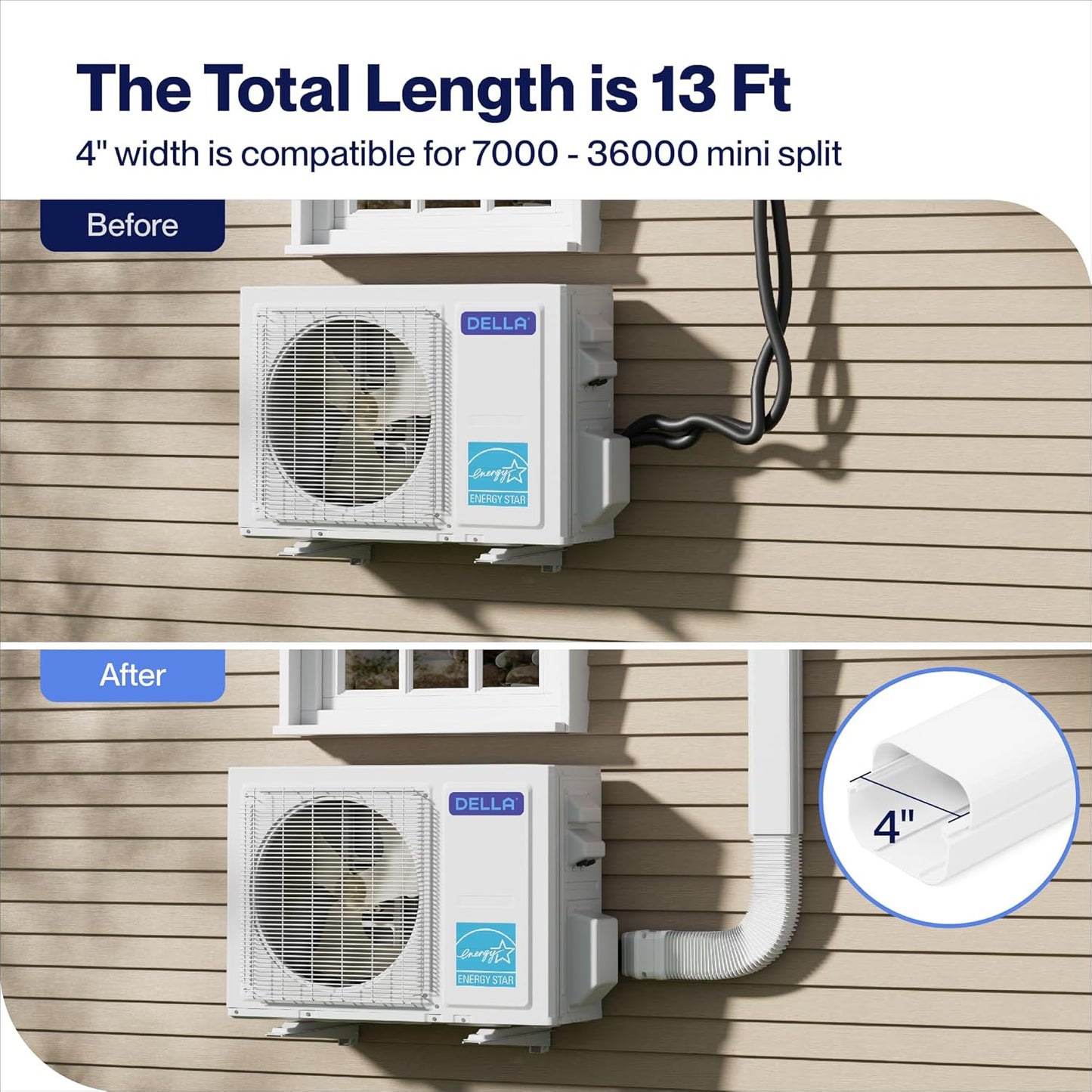 DELLA 4" 13 Ft Mini Split Line Set Cover with Flexible Duct, Decorative PVC Lineset Cover Kit, Paintable for Air Conditioner, Central AC, HAVC & Heat Pumps Systems Tubing Cover, White