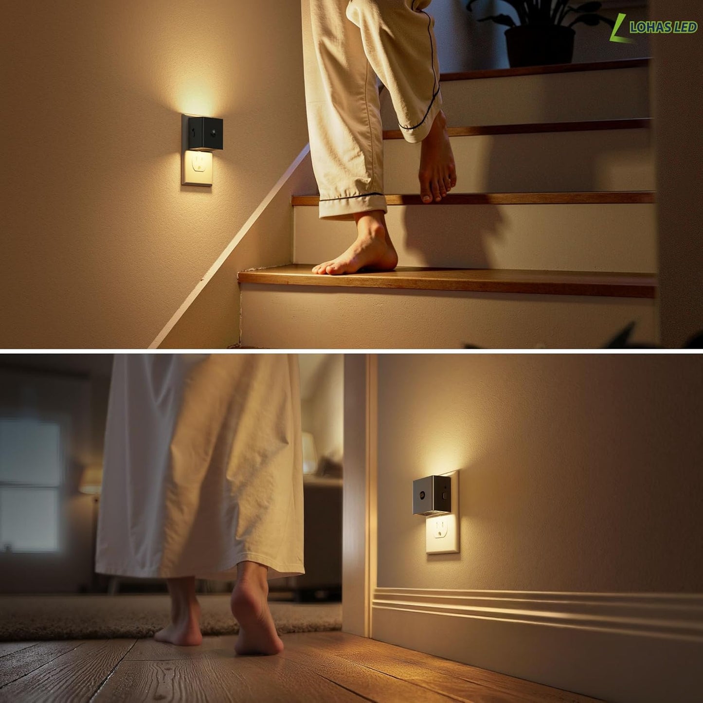 L LOHAS LED Motion Sensor Night Light, [2-Pack] Motion Activated Night Light, Motion Sensor and Dusk to Dawn Sensor, Brightness Adjustable, 3000K Soft White Nightlight for Bathroom Hallway Kitchen