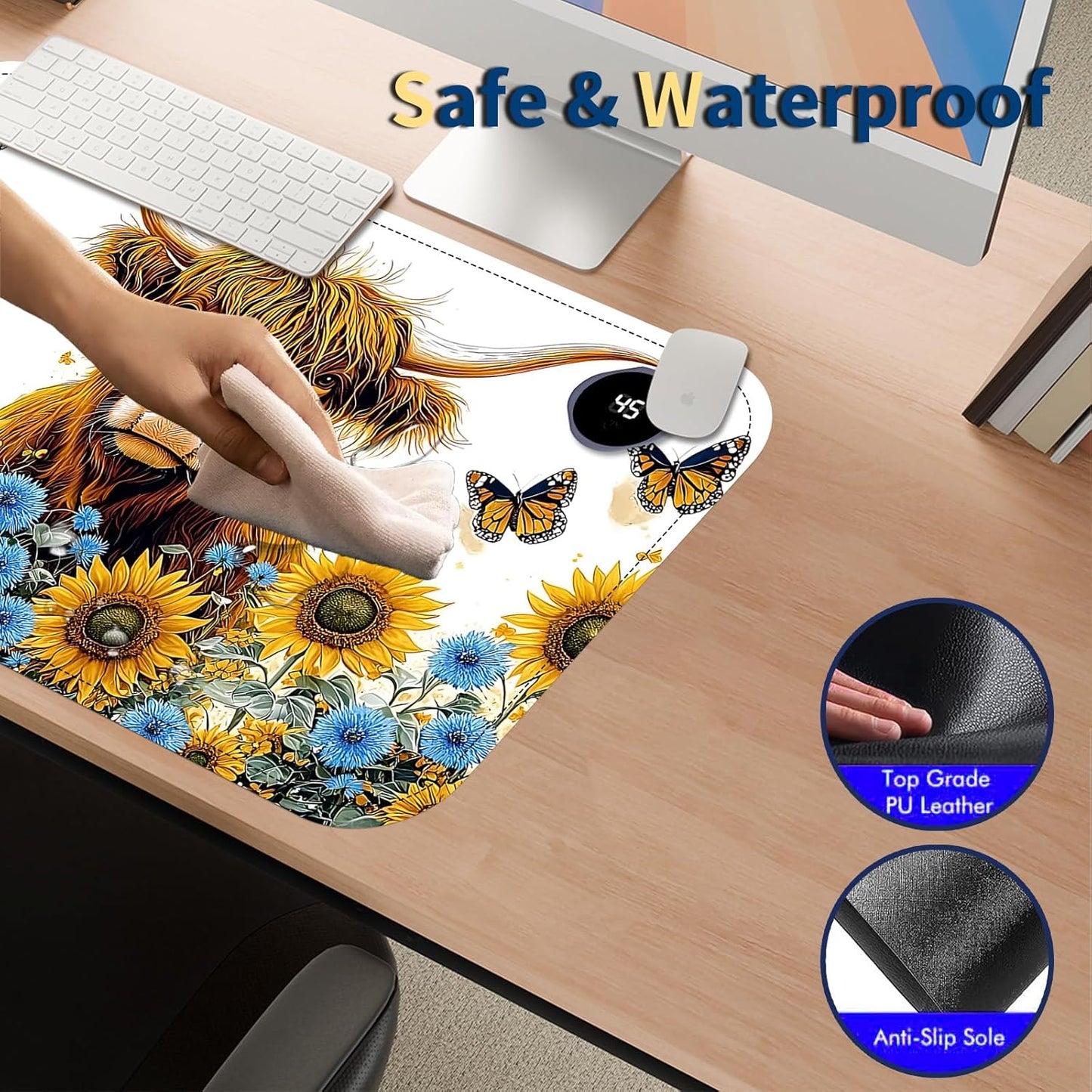 Heated Mouse Pad with 3 Temperature Settings(104°F–122°F),Large 24x14.2 Inch PU Leather Heated Desk Mat,Waterproof Warming Pad for Office,Gaming & Cold Hands Relief,Sunflower Cow