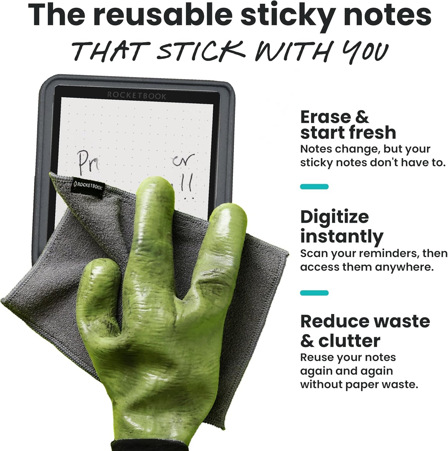 Rocketbook Reusable Sticky Notes Starter Pack, Restick and Reorganize Memo Pads, 3"x3", 15 Black Sticky Notes, Includes Pen, Towel + Carrying Case (Kit of 1)