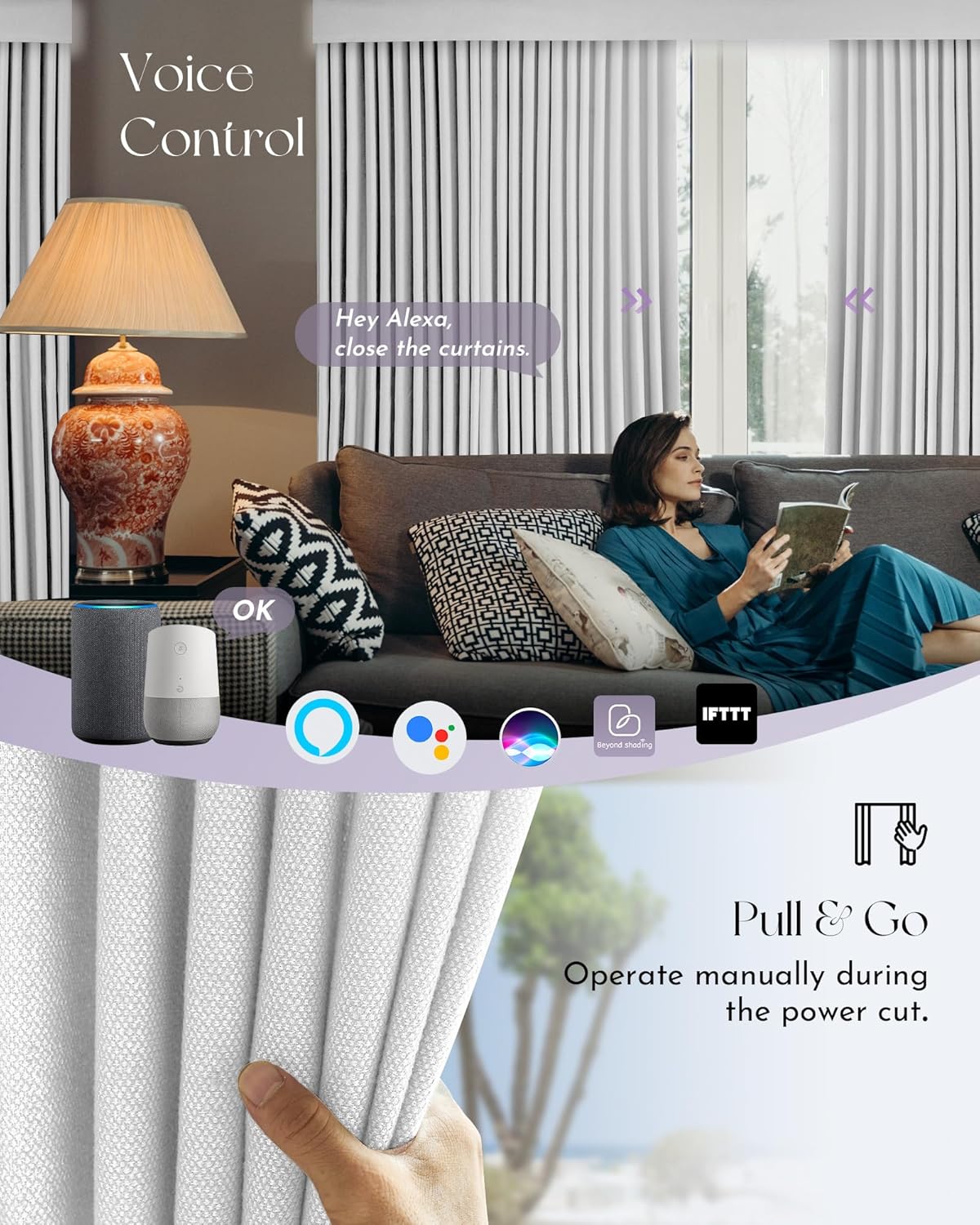 Graywind Hardwired Smart Curtains Compatible with Alexa Google Remote Control Motorized Drape for Sliding Door One-Way or Split Draw, Custom Width to 220" (Pure White)