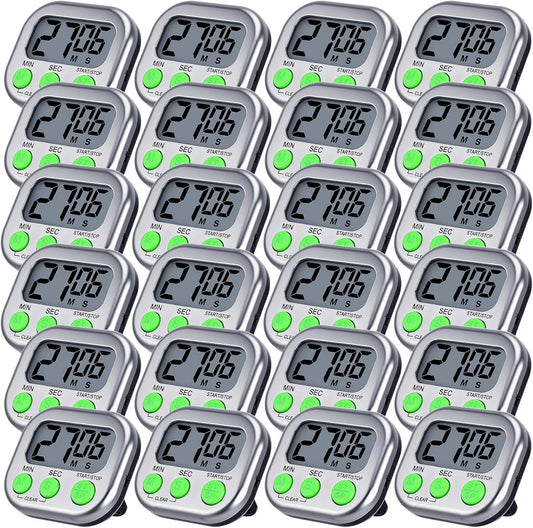 Leumoi 24 Pcs Digital Kitchen Timers Magnetic Back Timers Bulk Large Screen Loud Alarm On/Off Switch Minute Second Count up Countdown Memory Setting for Cooking Classroom Exercise (Sliver and Green)