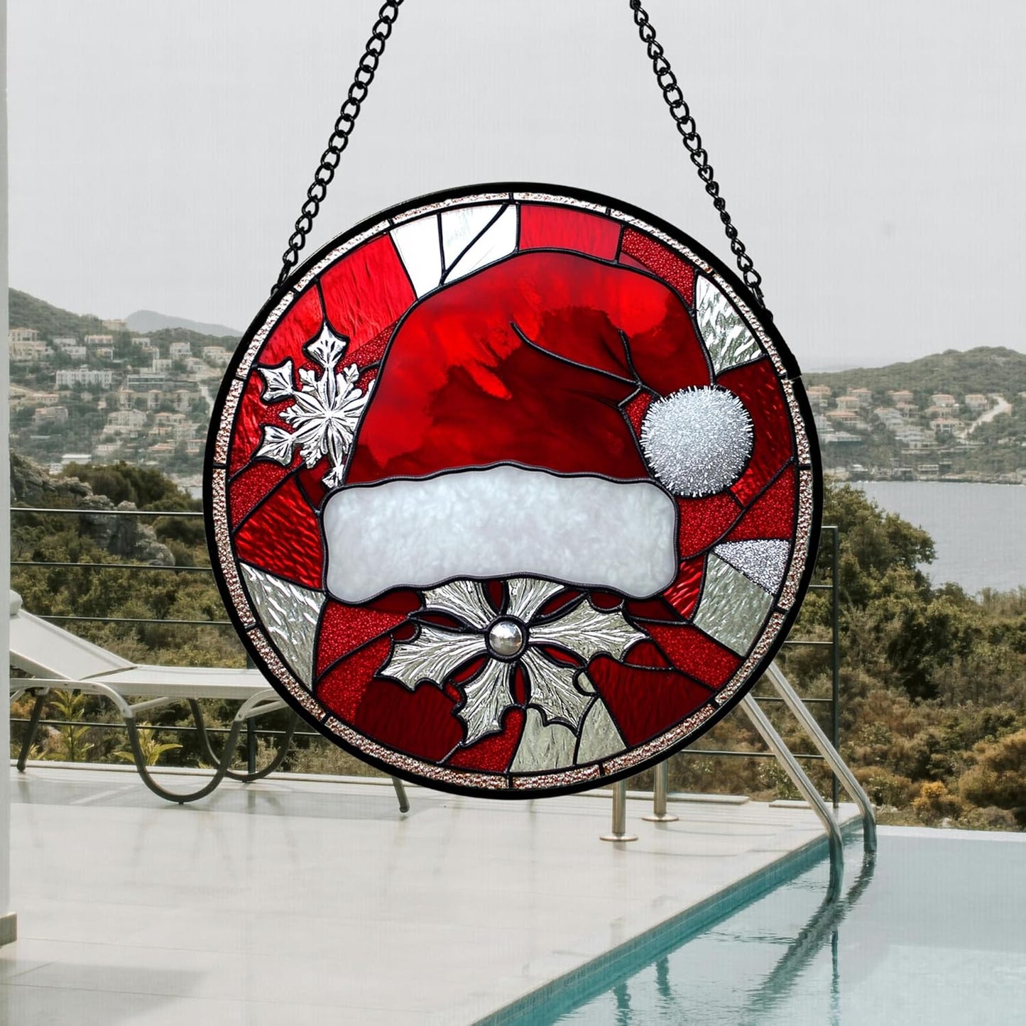 Stained Glass Window Hanging 4 Pcs Set Red Christmas Decorations Theme Large 11.8" - Suncatcher Door Garden Sun Catcher Decor Birthday for Mom Woman Nana Men Friend Wife