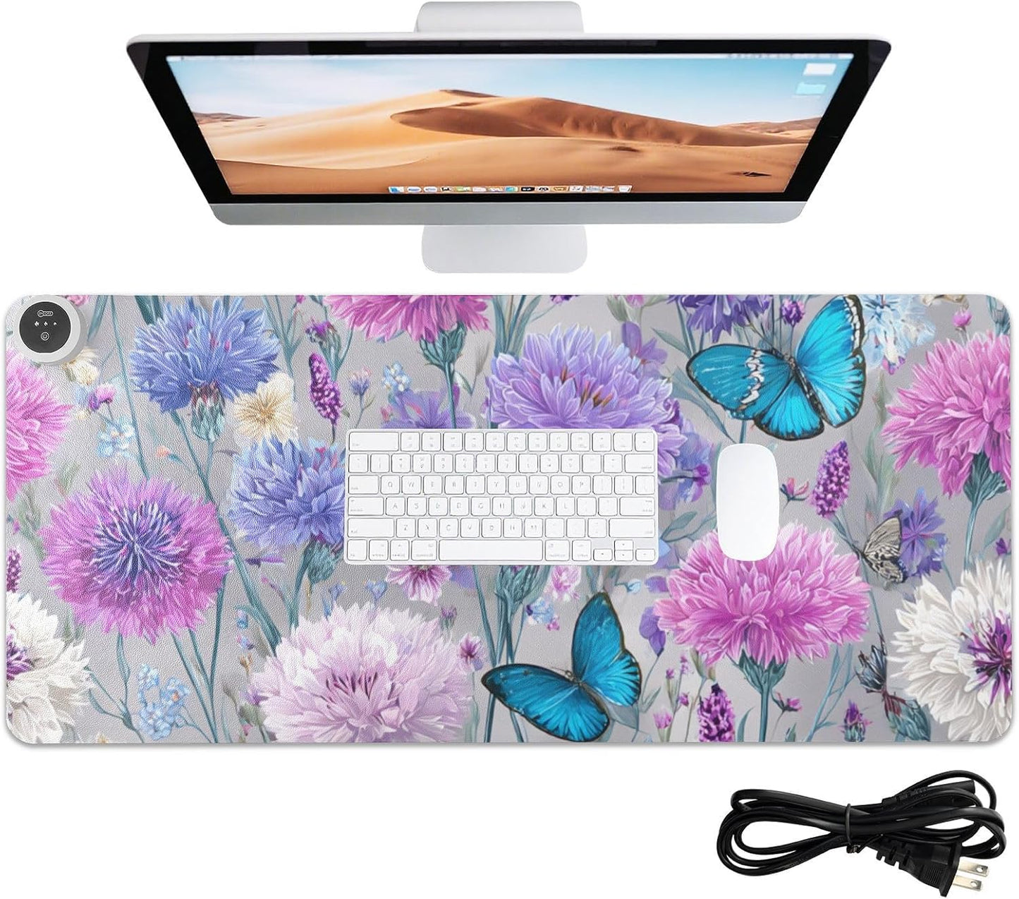 Heated Desk Pad Mouse Pad 31.5x13 Inch PU Leather Desk Mat with 3 Heat Levels Large Mouse Gaming Computer Laptop Mat Grey Pink Corflower Butterfly
