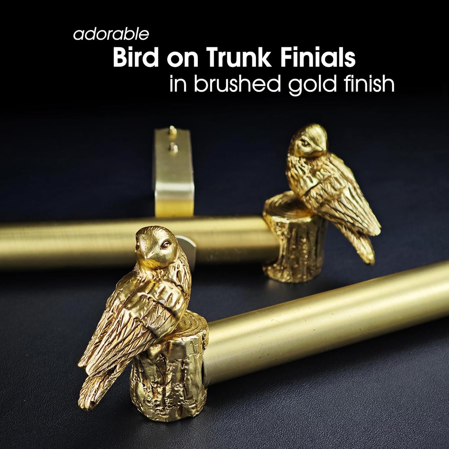 1-1/8 Inch Diameter Brushed Gold Curtain Rod with Bird Design Finials, 72-144'' Telescoping Single Curtain Rods for window width 68-140 inch, 1 pack