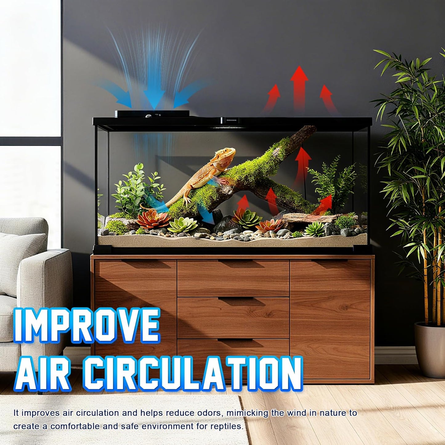 Reptile Intelligent Double Ventilation Fan with Humidity Sensor and High-Temp Alarm, Fan Dehumidifier for Reptile Terrariums, Suitable for overly humid, Rainforest and Ecological Tanks