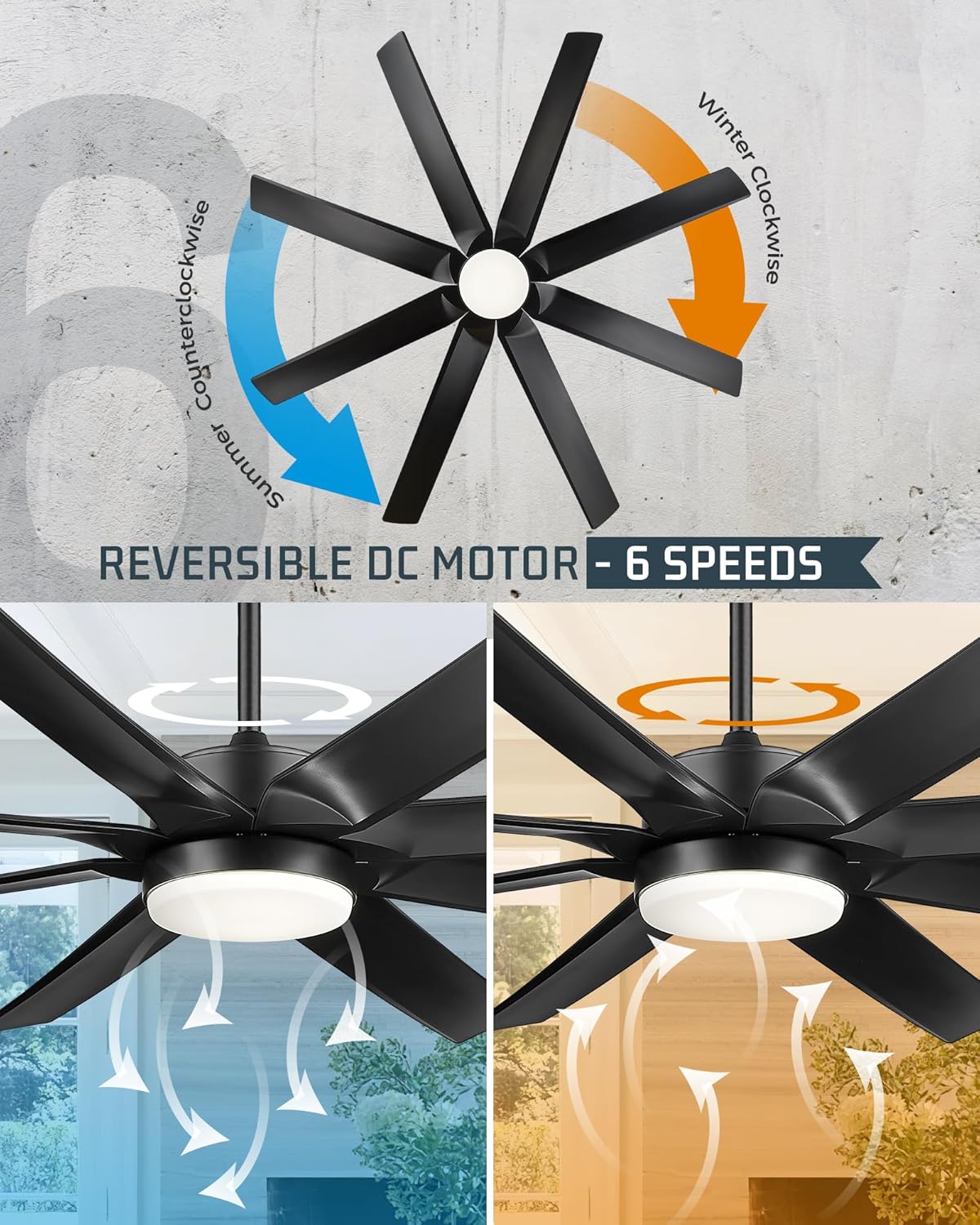 70 Inch Ceiling Fans with Lights, Smart Ceiling Fan with Voice Control, 8 ABS Blades, Reversible DC Motor, 3CCT Dimmable Black Ceiling Fan for Patio, CF01-BK