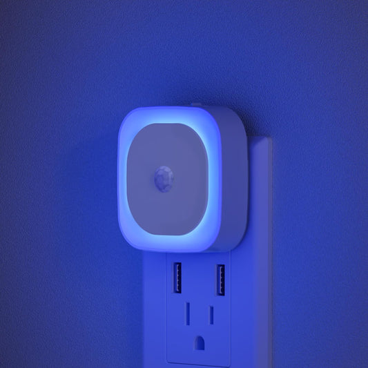 2 Pack Plug in Night Light with Motion Sensor & Dusk to Dawn Sensor, 3 Sensor Modes, Blue Night Lights Plug into Wall, Dimmable Nightlight for Bathroom, Bedroom, Indoor