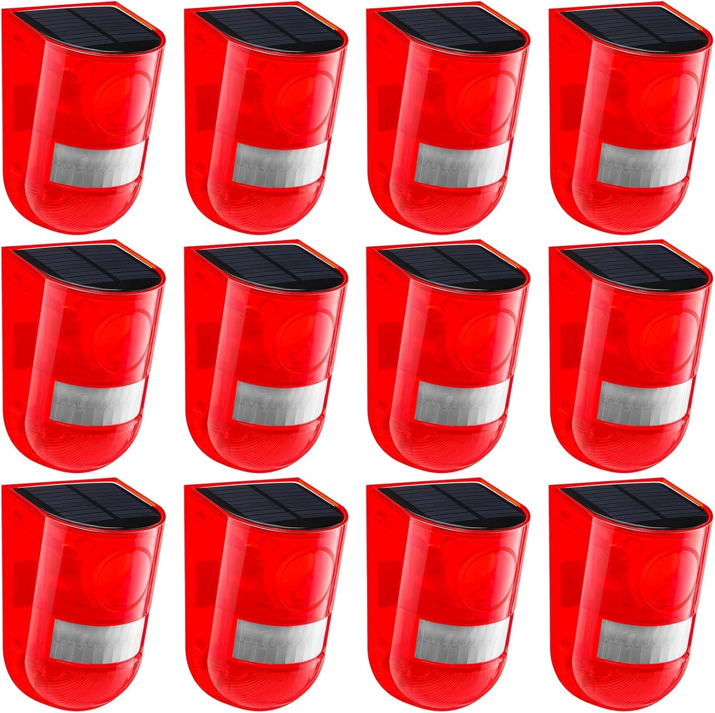 Qualirey 12 Pack Solar Sound and Light Alarm Motion Sensor 129db Outdoor Security Siren Waterproof Motion Activated Detector Alarm 6 LEDs Flash Warning Strobe System for Home, Farm (Red)