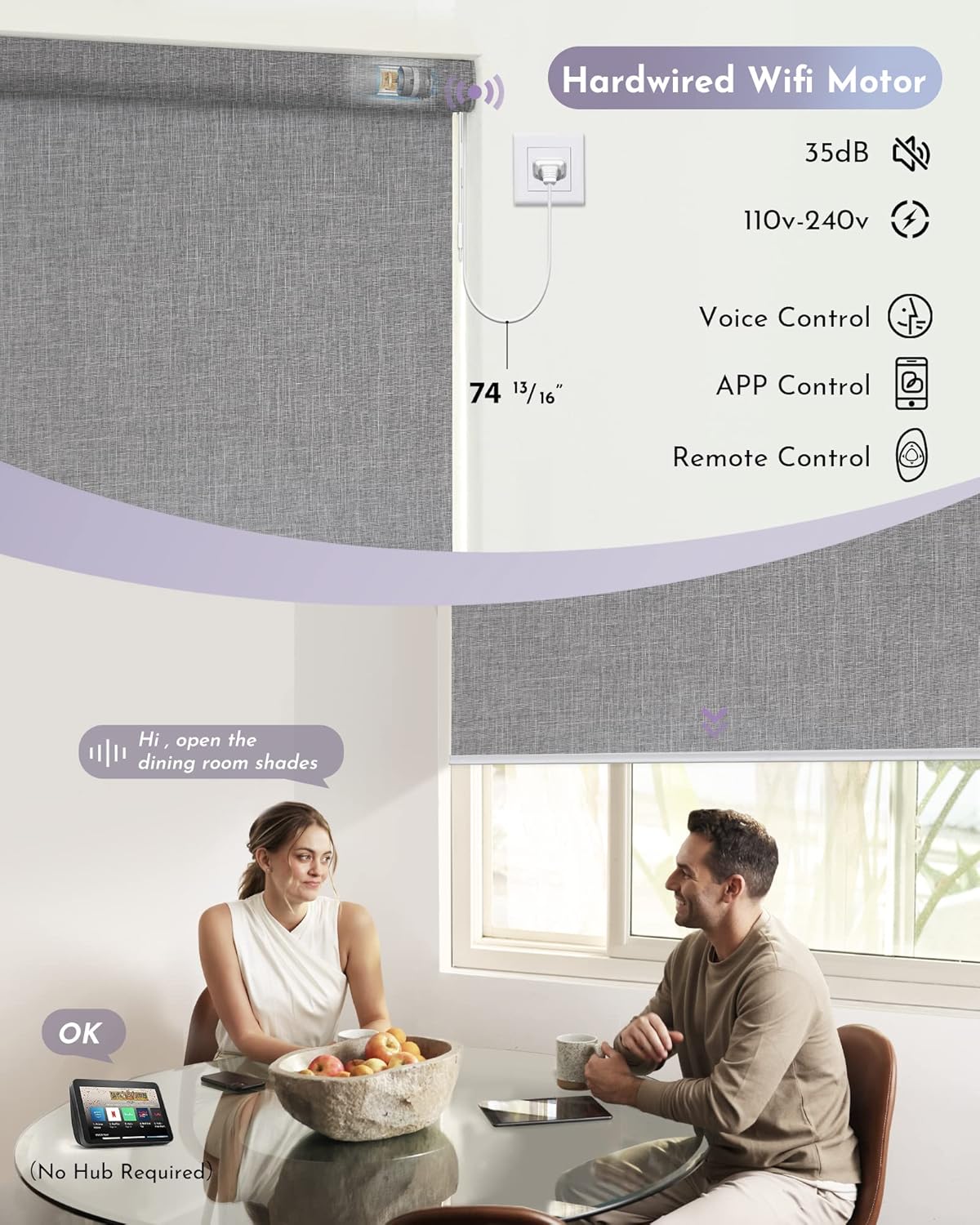 Graywind Motorized Shades 100% Blackout Compatible with Alexa Google WiFi Smart Hardwired Window Shade Remote Control Thermal Insulated Electric Blinds, Customized Size (Light Gray)