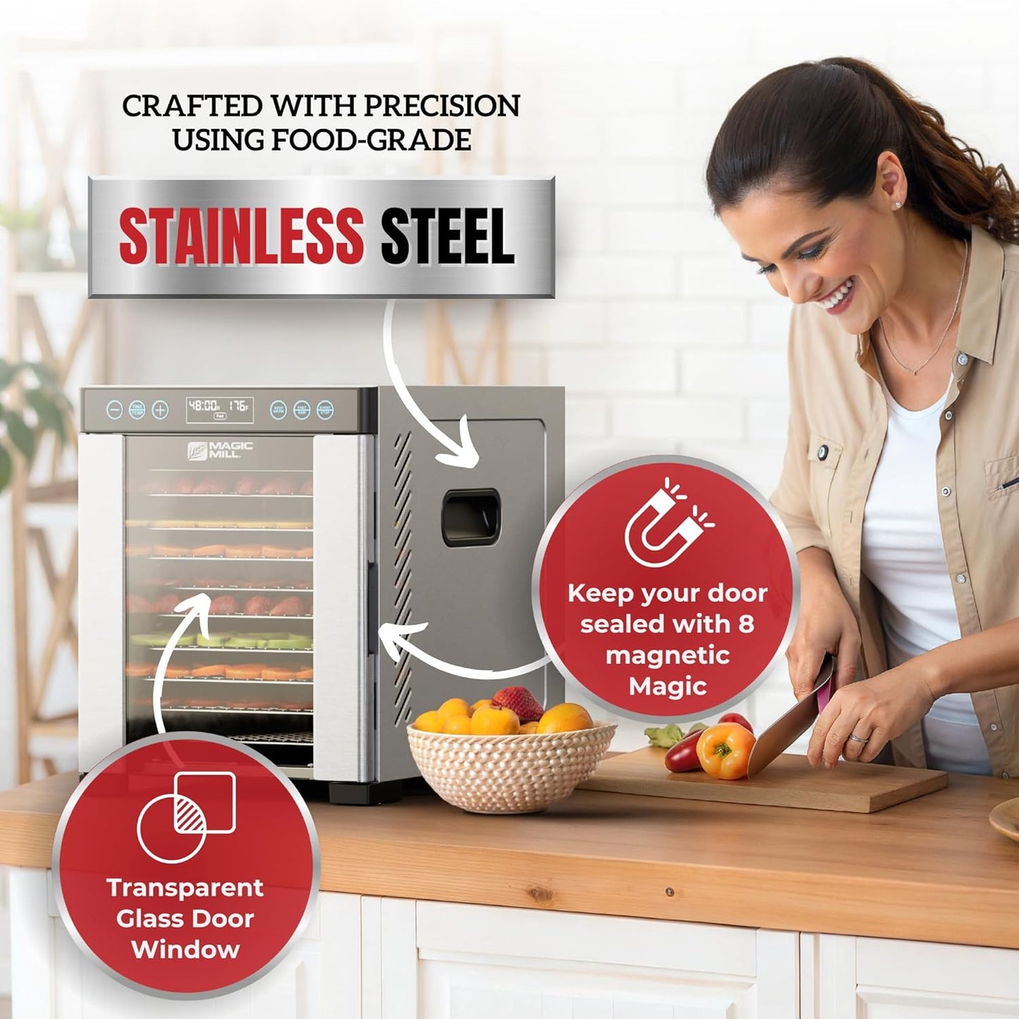 Magic Mill Pro Food Dehydrator Machine | 10 Stainless Steel Trays | Dryer for Jerky, Dog Treats, Herb, Meat, Beef, Fruit | Keep Warm Function, Digital Timer and Temperature Control, ETL Approved