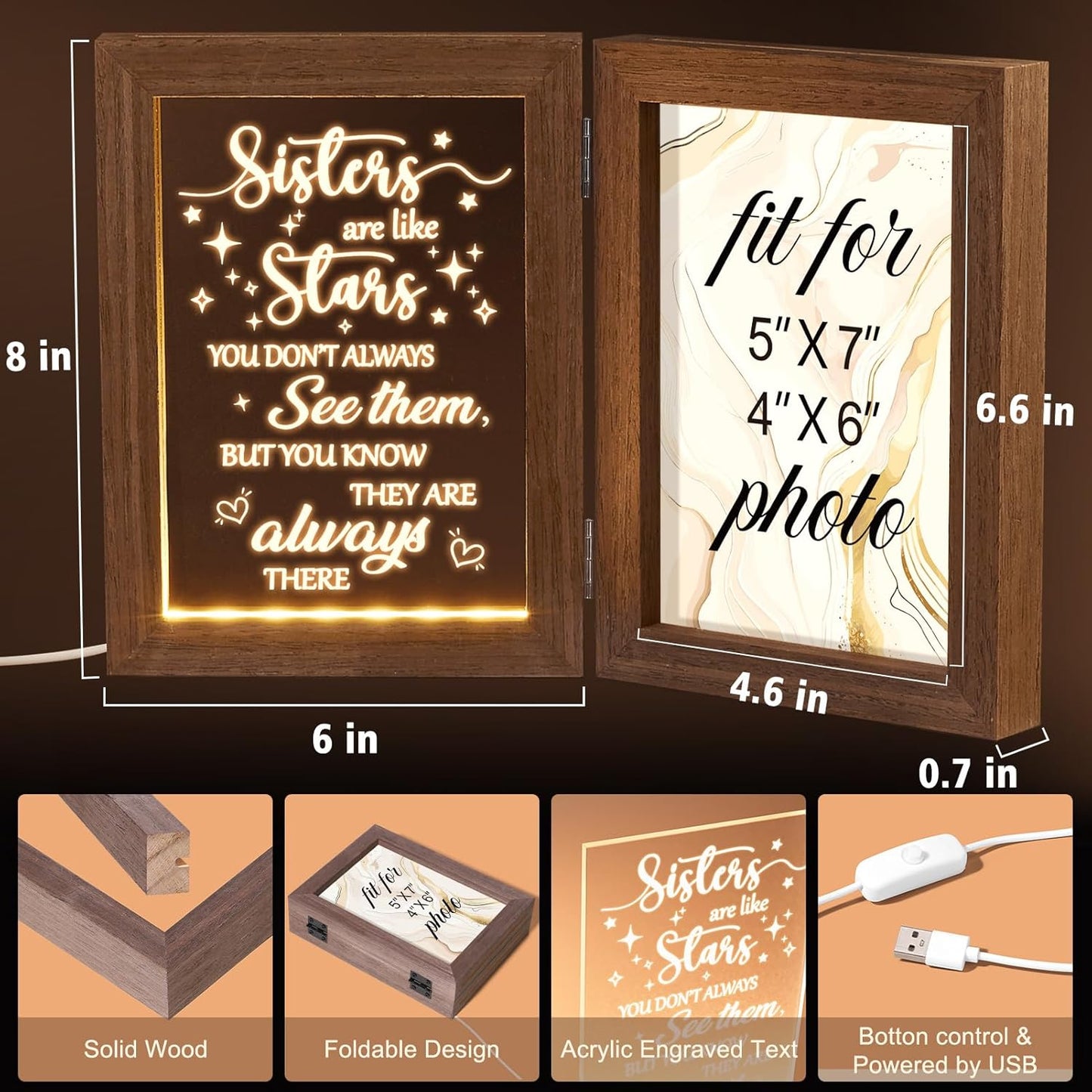 Sisters Gifts from Sister Christmas Gifts for Sister from Brother - Sister Picture Frame 5x7 with Night Light Friendship Gifts Friend Gifts for Women Sister Girls, Birthday Sister In Law Gifts