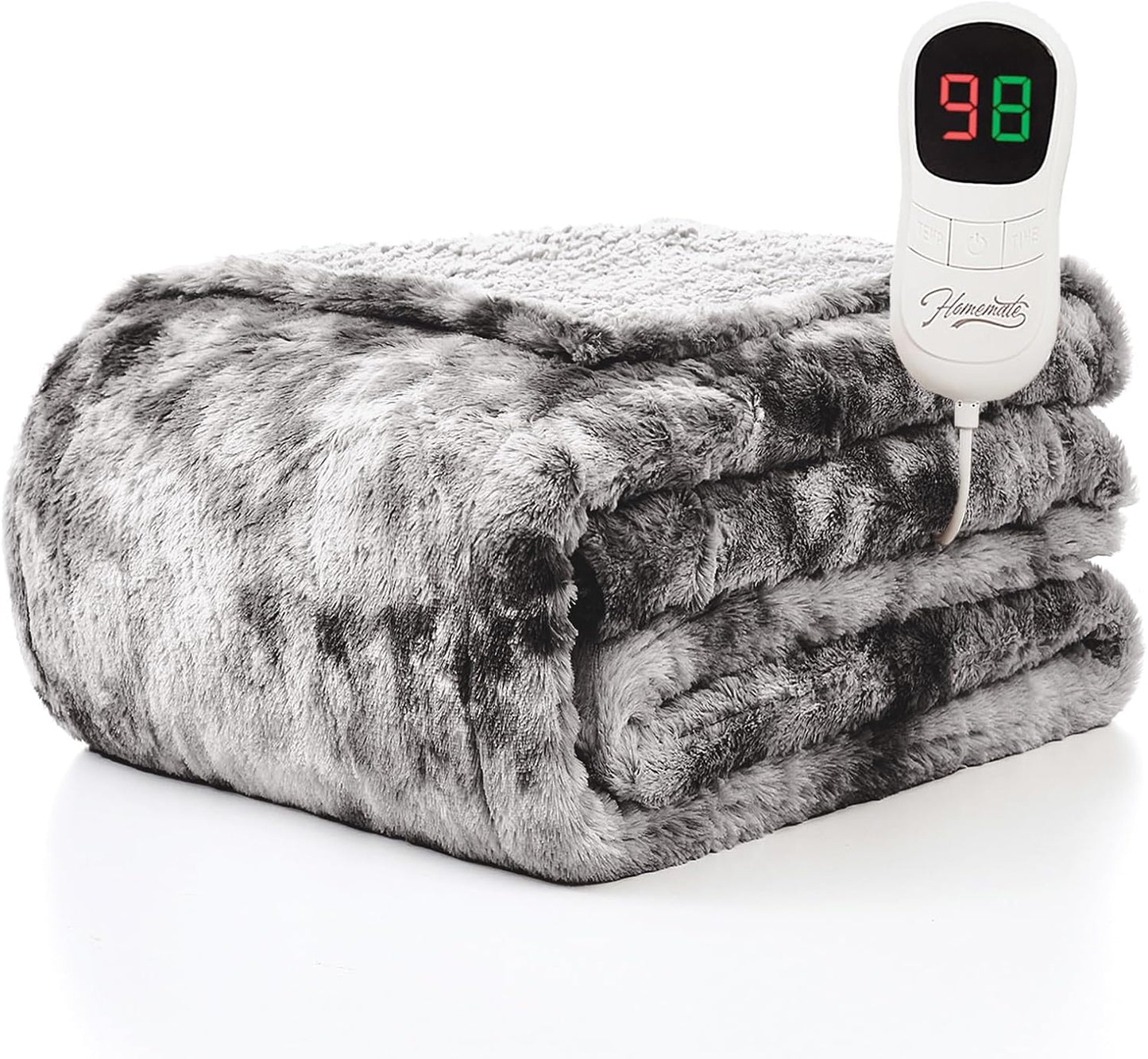 Homemate Heated Blanket Electric Throw - 50"x60" Heating Blanket Throw 1/2/4/6/8 Hours Auto-Off 10 Heat Levels Over-Heat Protection Luxury Faux Fur Sherpa ETL Certification