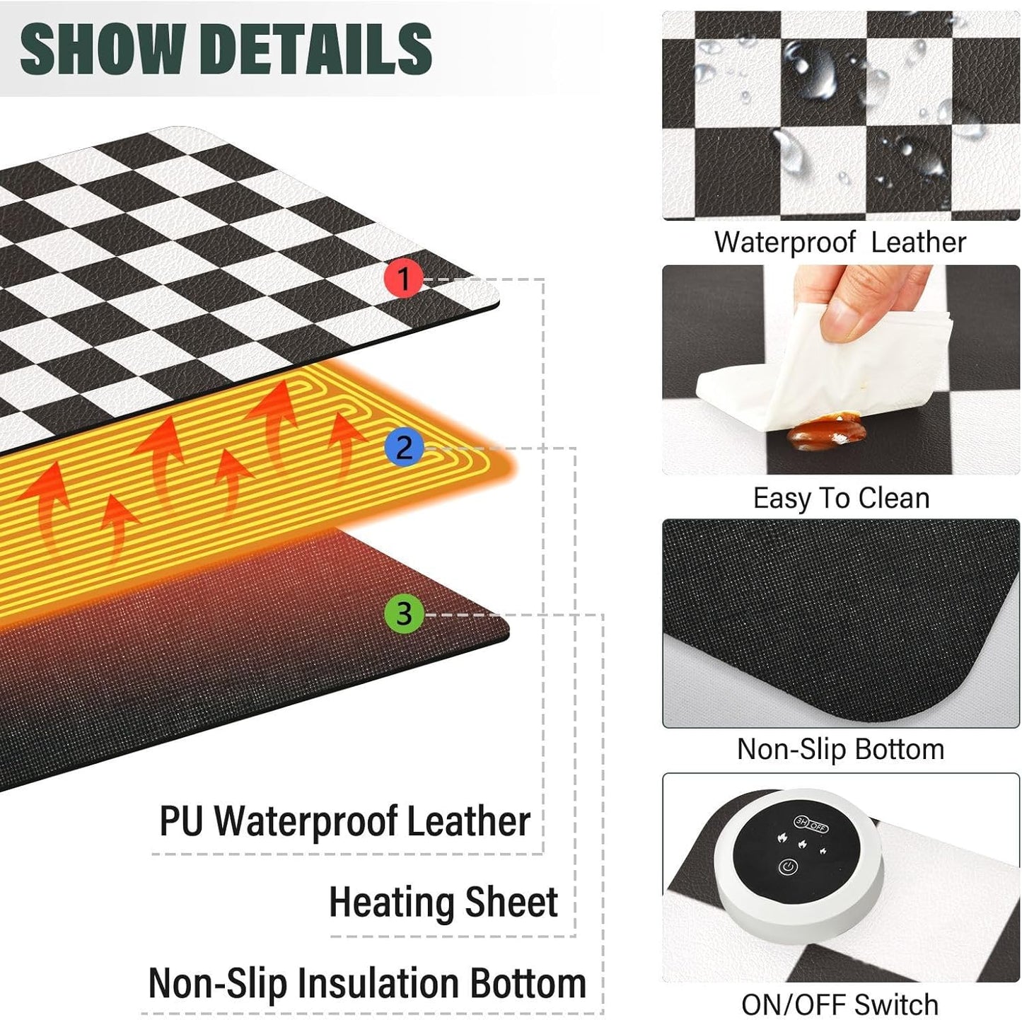 Checkered Black and White Heated Desk Pad Mouse Pad 31.5x13 Inch PU Leather Desk Mat with 3 Heat Levels Large Mouse Gaming Computer Laptop Mat