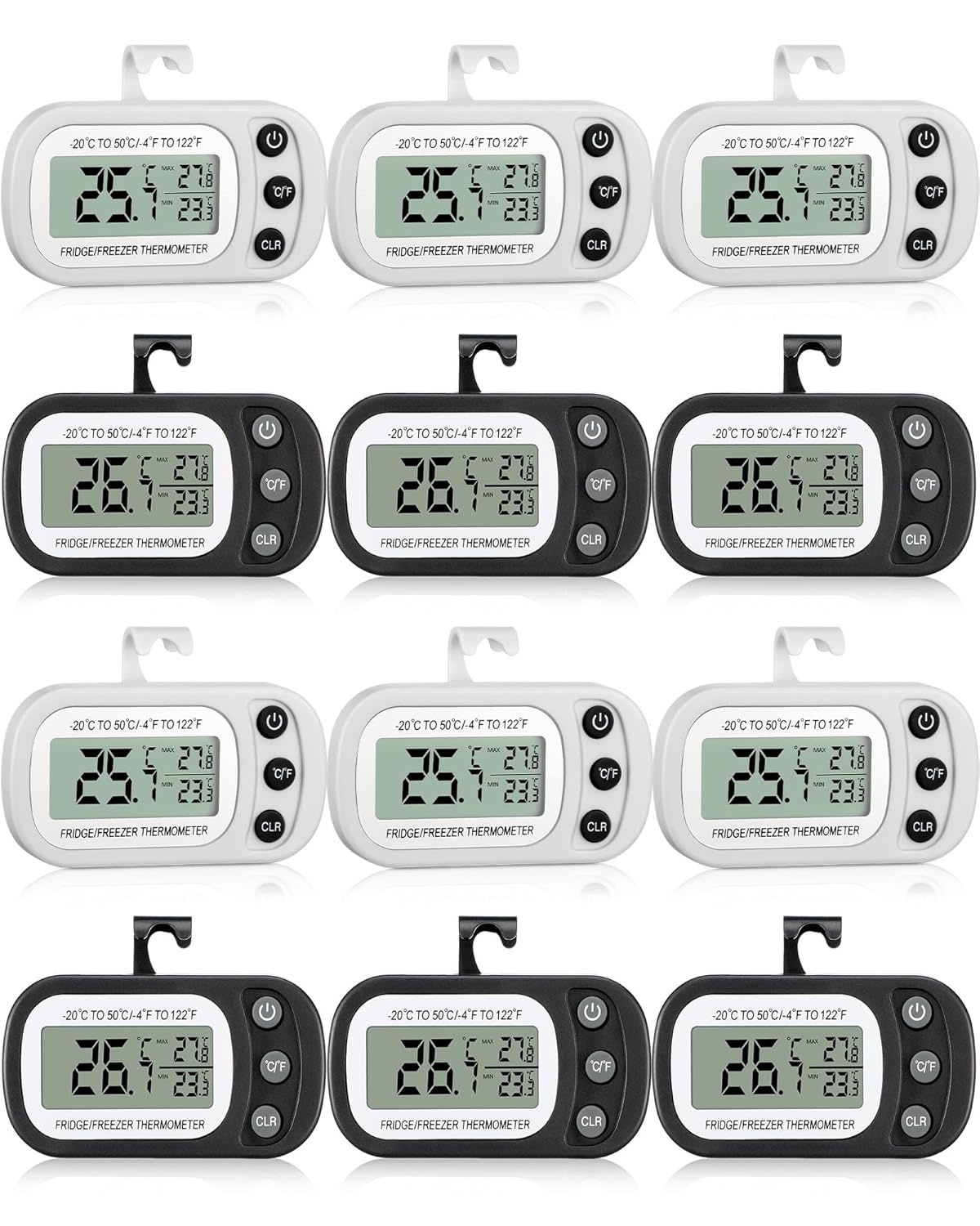 Frienda 12 Pack Black and White Digital Fridge Thermometer Waterproof Refrigerator and Freezer Room Max/min Record Function LCD Screen Refrigerator Thermometer with Hook and Magnetic Back for Home