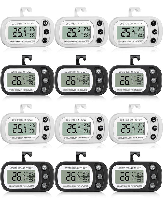 Frienda 12 Pack Black and White Digital Fridge Thermometer Waterproof Refrigerator and Freezer Room Max/min Record Function LCD Screen Refrigerator Thermometer with Hook and Magnetic Back for Home