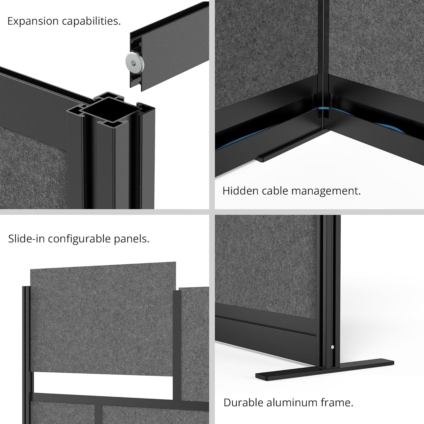 Stand Up Desk Store Expanse Modular Wall | 53'' x 48'' Wall | Expandable Partition Room Divider with Rearrangeable Frosted Acrylic & Sound Absorbent Panels (Black Frame)
