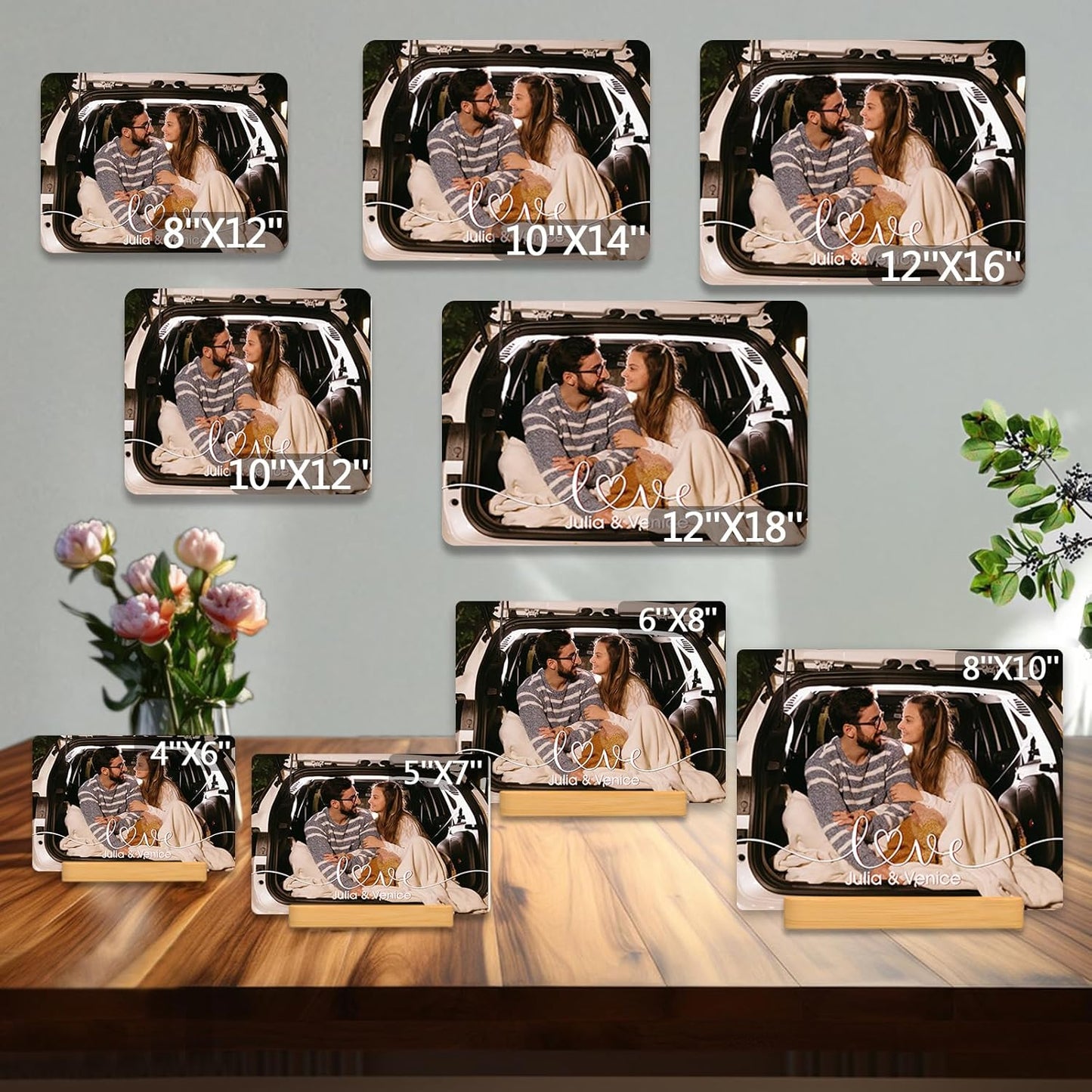 Custom Photo Prints - Metal Desktop Picture Frame with Photos & Name & Wooden Base Personalized Gifts for Family Friends and Lovers, Optional Multiple Sizes