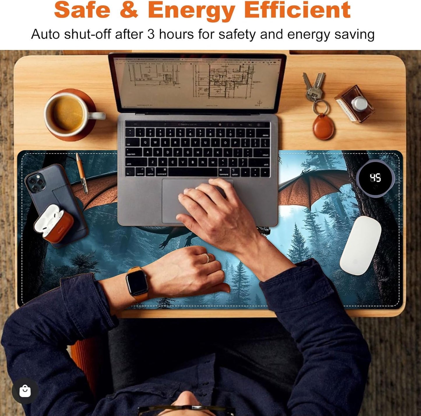 Heated Mouse Pad for Desk 31.5" x 13" – PU Leather Warm Desk Pad with 3 Heat Levels (104°F/113°F/122°F), Plug-in Electric Heating Mat with Auto Shut-Off, Waterproof & Rollable, Flying Dragon