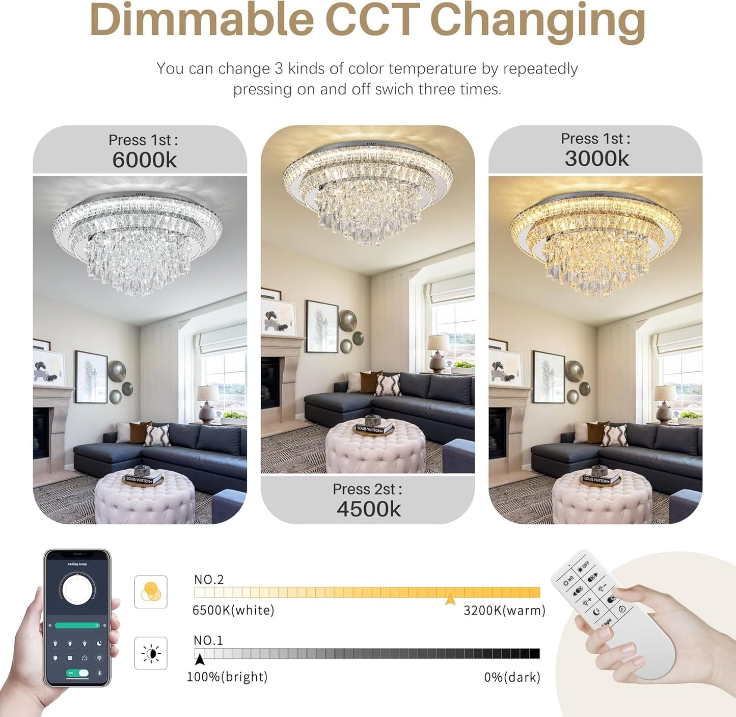 COCOSTAR 24 inch Flush Mount Crystal Chandeliers with Remote and APP, Modern Elegant LED Crystal Raindrop Ceiling Light Fixture, 3CCT Dimmable, for Living Room Kitchen Island Bedroom Entryway Foyer