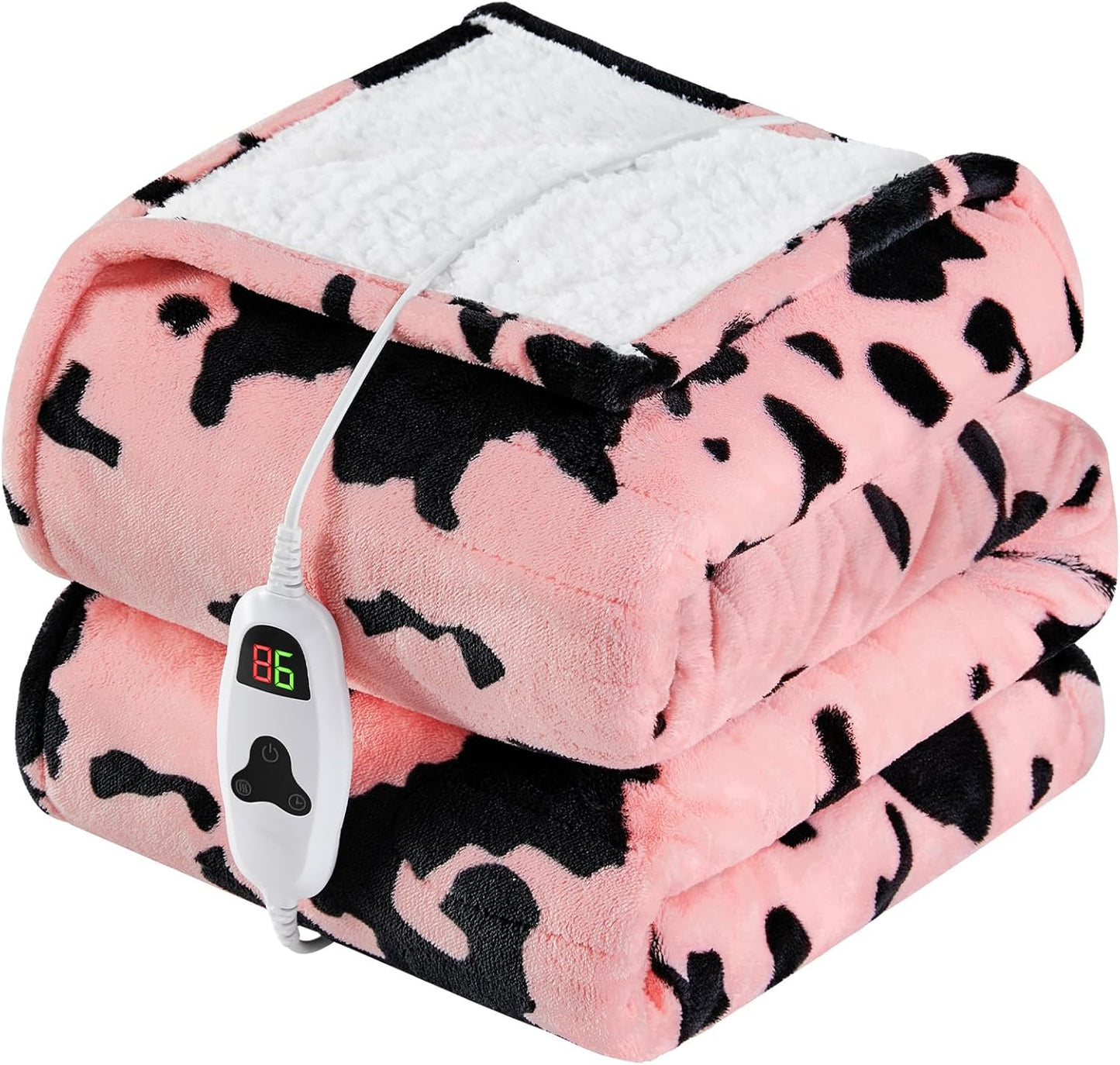 Cow Print Heated Electric Blanket Throw,50X60 Light Pink Heating Blanket with 10 Heats Levels & 8 Hours Auto Off,Highland Cow Stuff Fleece Sherpa Blankets Warmer Gifts for Women Adults Washable