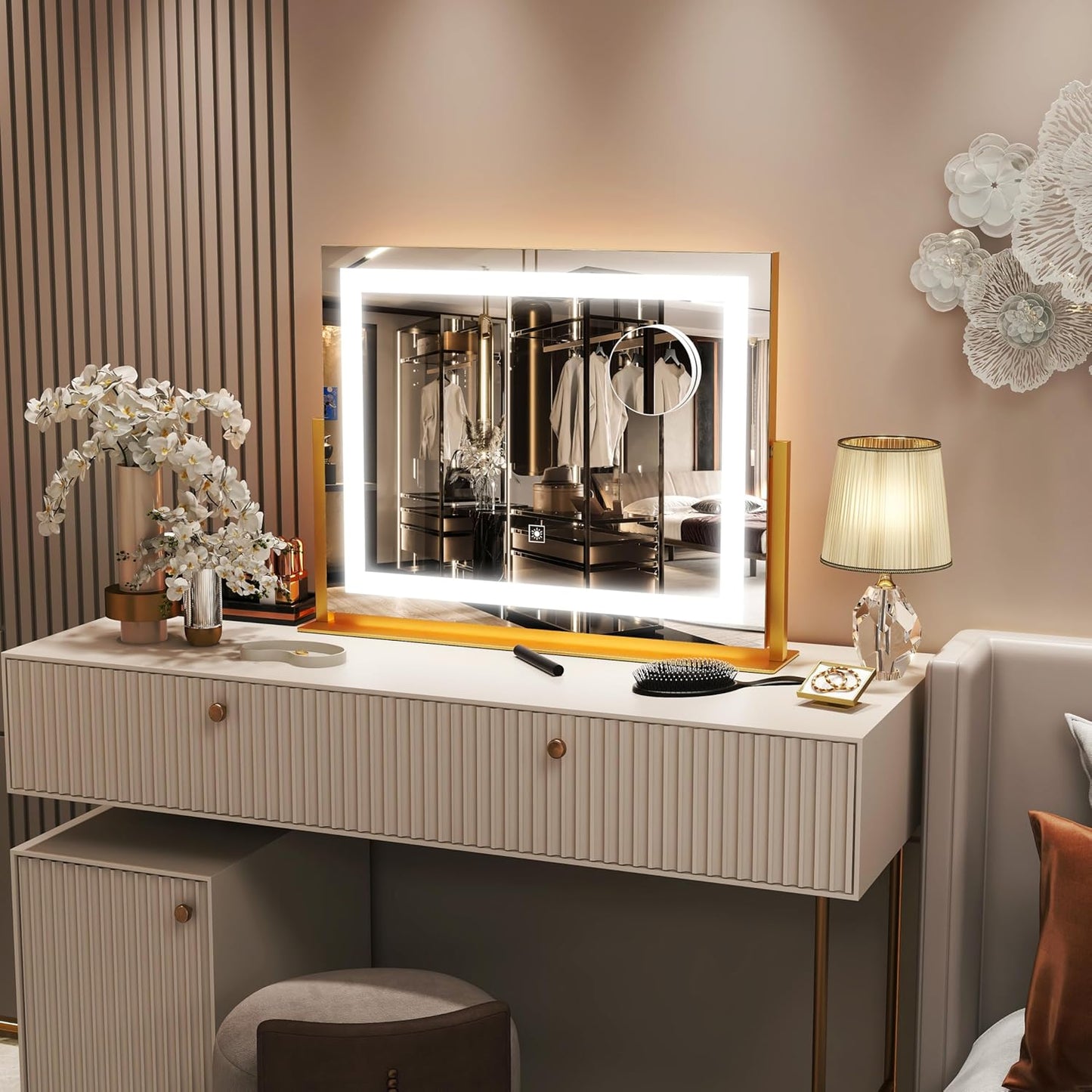 FENNIO Vanity Mirror with Lights 22''x18'' Makeup Mirror with Lights,Lighted Makeup Mirror with 10X Magnification ，Smart Touch Screen with 3-Color Lighting,Dimmable（Square Gold）