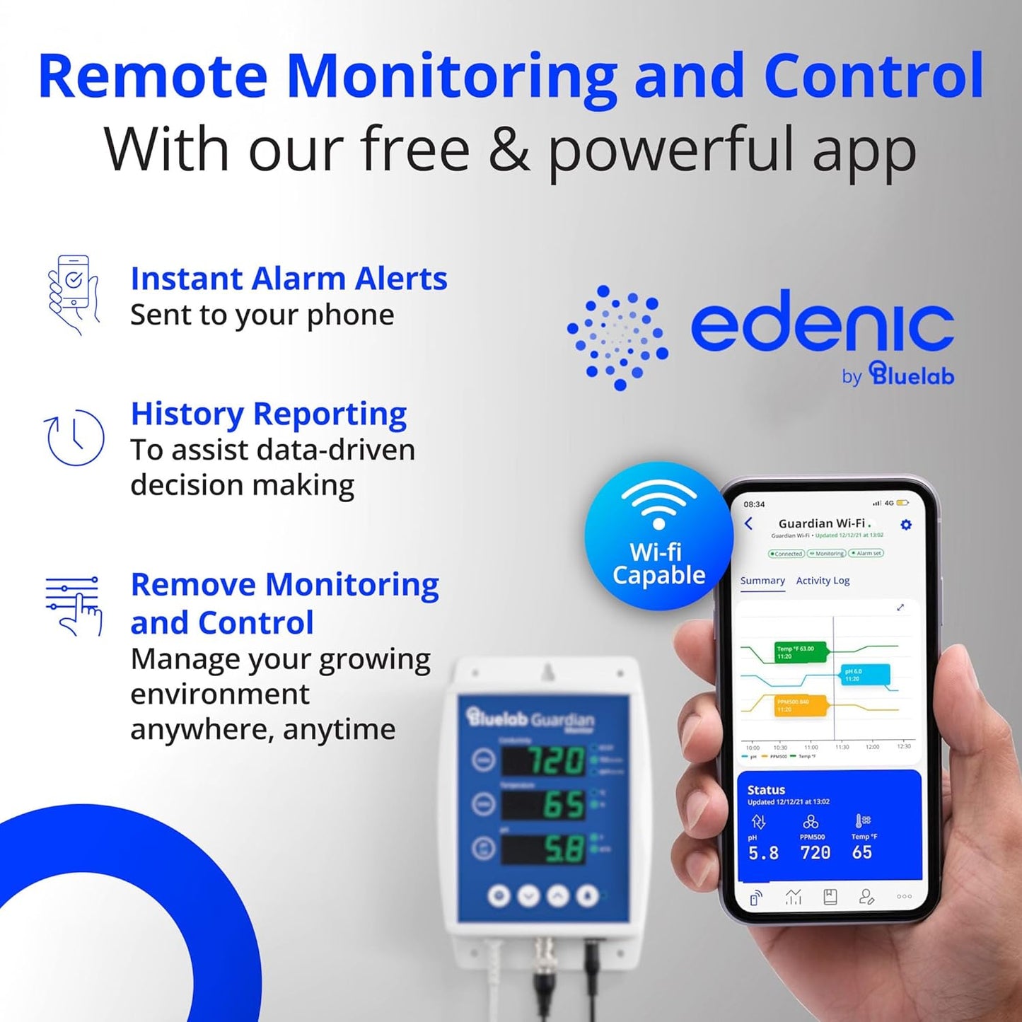 Bluelab Guardian Monitor Inline Wi-Fi for Real-time pH, Temperature, and Conductivity (TDS/PPM) Measurements in Water with Calibration, 3-1 Digital Nutrient Meter for Inline Dosing Systems