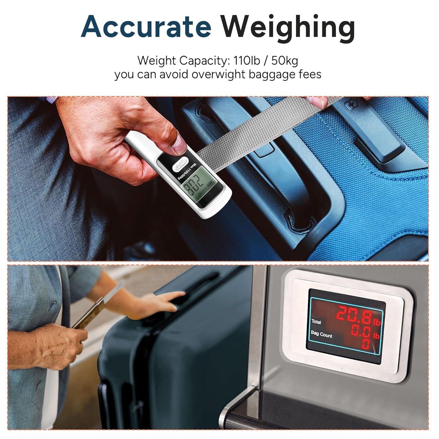 Battery-Free Luggage Scale, Suitcase Scale for Travel, 110 lbs/50 kg, Portable Handheld Weight Scale, No Batteries Needed