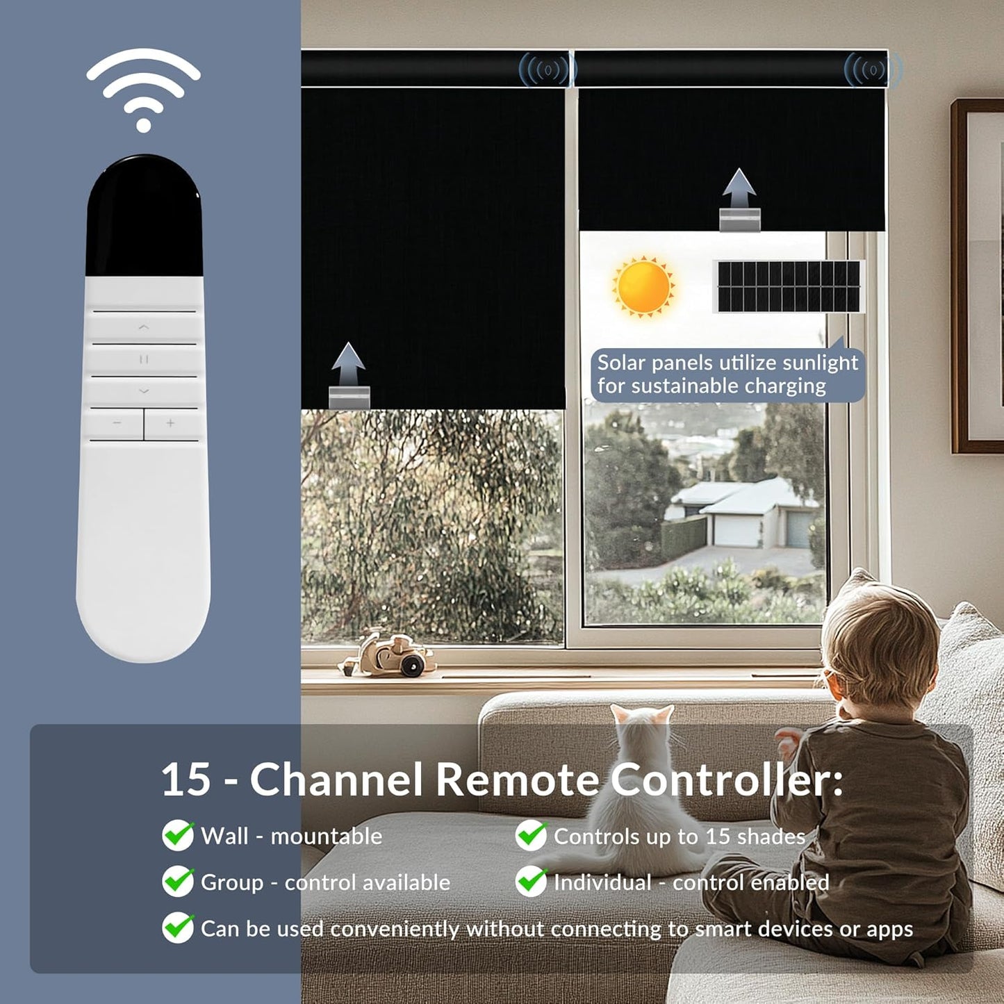 Boolegon Motorized Roller Blinds - 100% Blackout Smart Electric Shades with Remote, Compatible with Alexa/Google Home/HomeKit via Hub, Easy Install for Home Office, Black, Custom Size.
