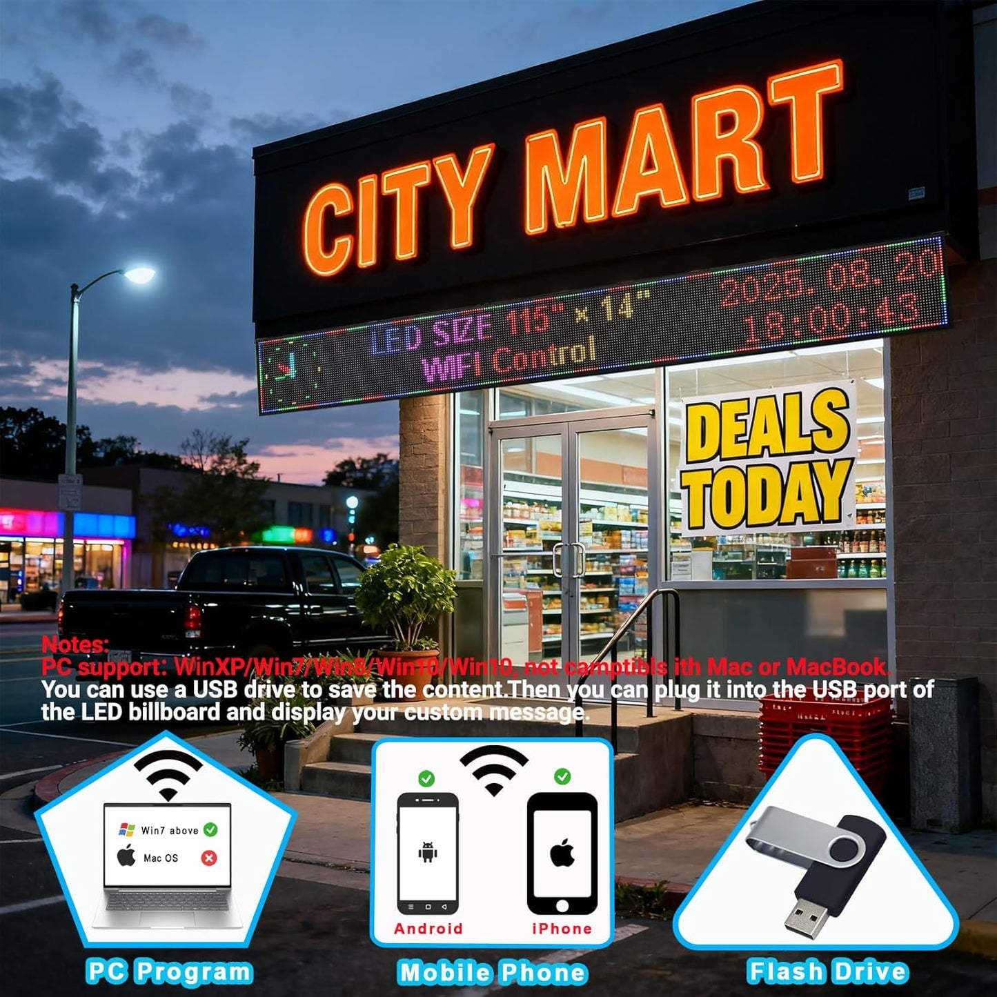 P10 Scrolling LED Sign Programmable Display Digital Bright Open Led Sign Waterproof Outdoor LED Signs Digital Message Board Business Advertising Display Wifi Control Custom 115"X14"