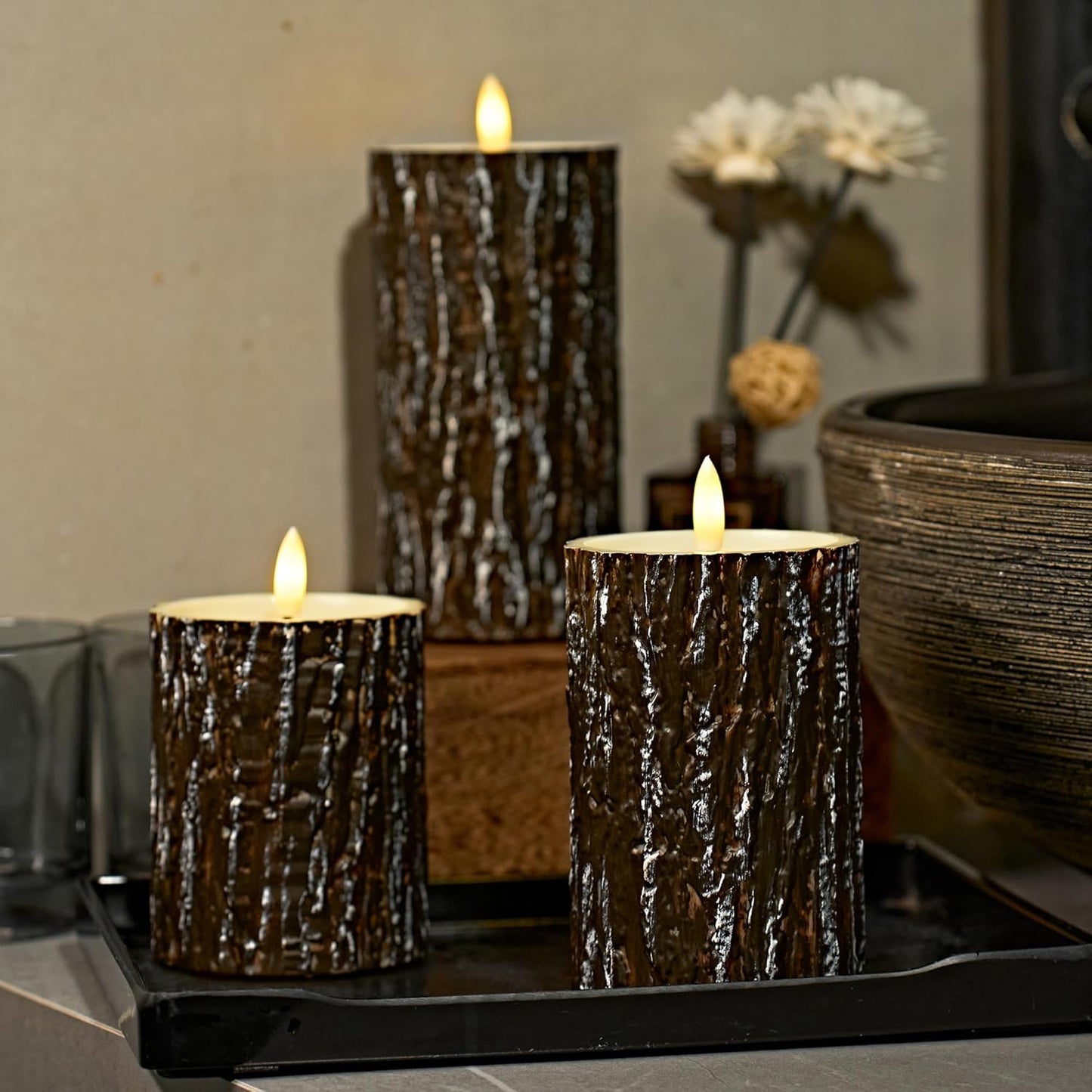 Comenzar Flameless Candles Battery Operated Candles Pine Bark Effect Real Candle Flickering 3D Wick Electric Home Decor Festival LED Candle with Timer 3Pack